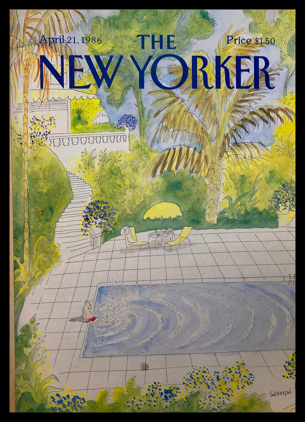 Cover only of The New Yorker magazine from April 21, 1986, illustrated by J. J. Sempe. The image features a vibrant poolside scene with a person in a bathing suit splashing in the pool, surrounded by lush greenery and palm trees. Includes decorative elements like a yellow umbrella and sun loungers, creating a relaxed atmosphere.