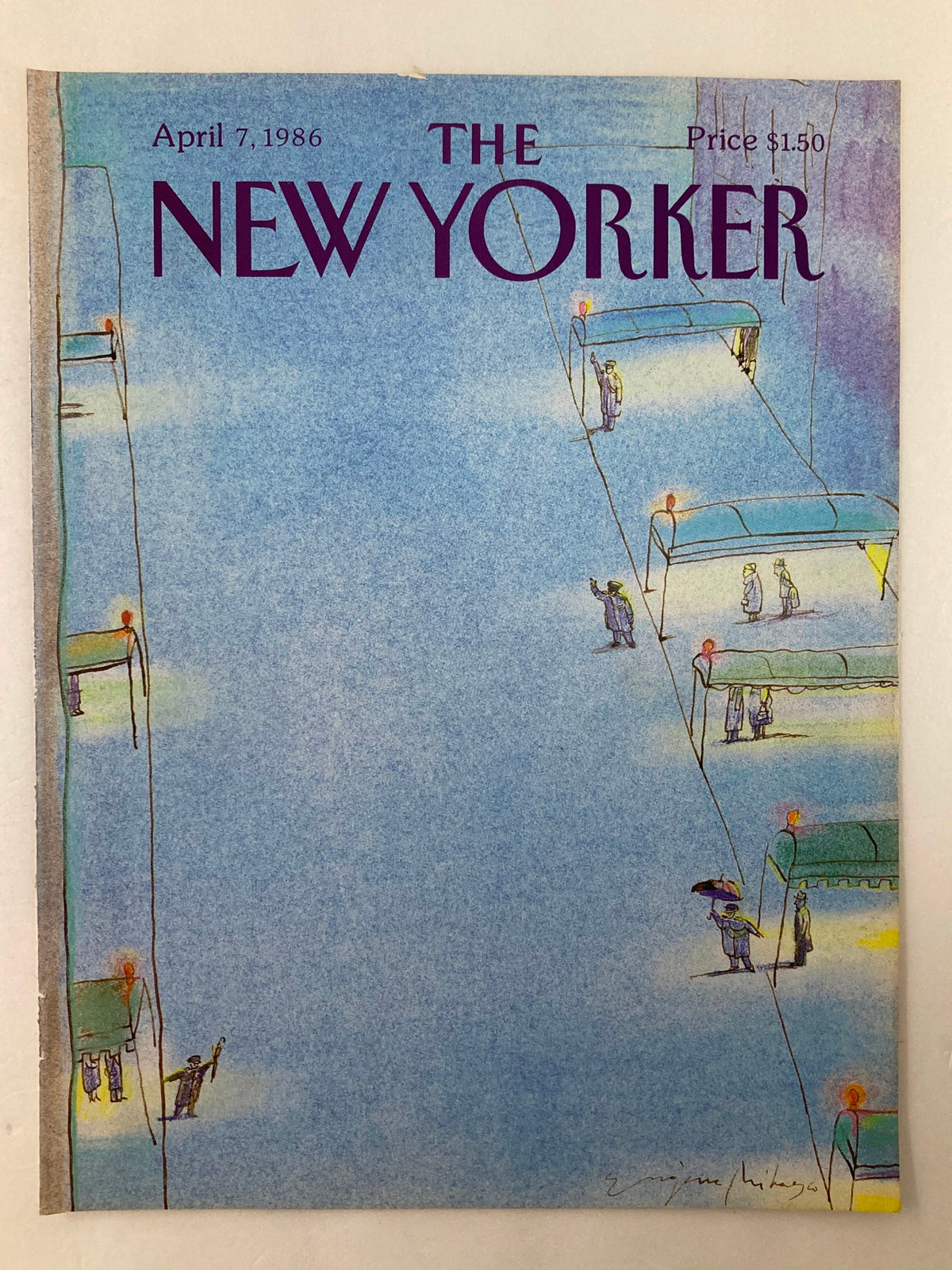 COVER ONLY The New Yorker April 7 1986 Taxi Unavailable by E. Mihaesco displaying a nostalgic illustration of pedestrians and taxis, capturing the essence of New York City in the 1980s.