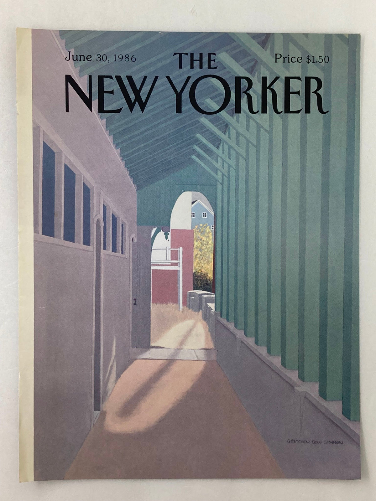 Cover of The New Yorker dated June 30, 1986, featuring a painting titled 'Shadow' by artist Gretchen Dow Simpson, showcasing a path with shadows and unique architectural elements.