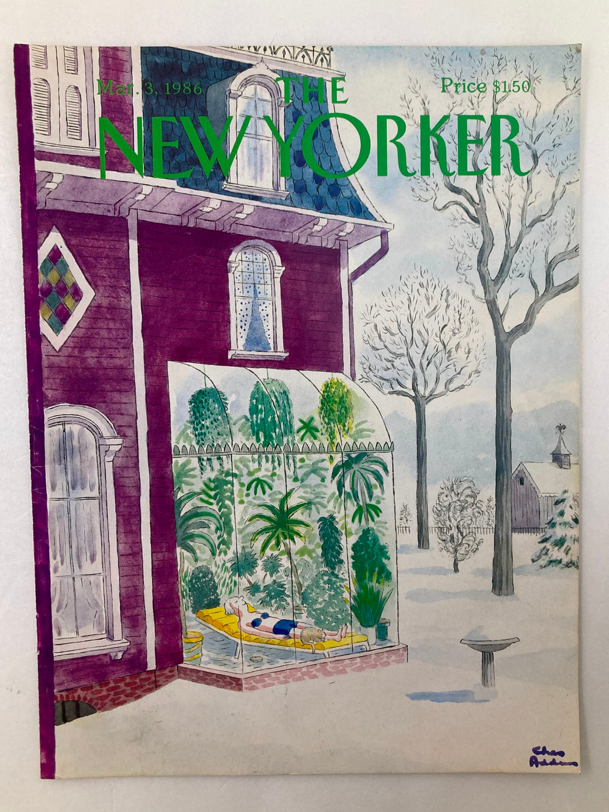COVER ONLY The New Yorker March 3, 1986 green cover design by Chas Addams, depicting a whimsical Green Room with a figure relaxing amidst lush plants in a winter setting.