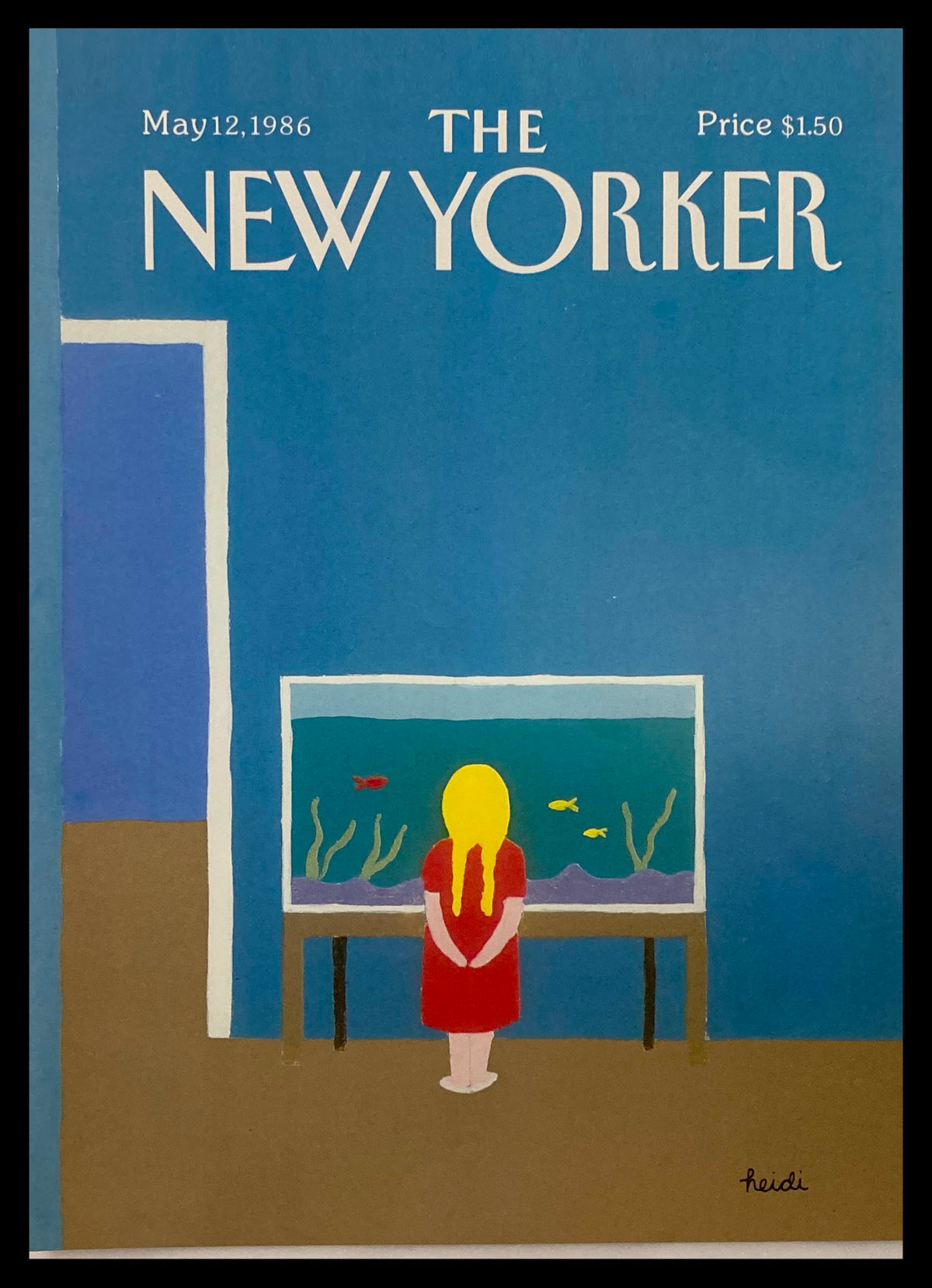 Cover of The New Yorker dated May 12, 1986, featuring an illustration by Heidi Goennel of a girl with long blonde hair, wearing a red dress, standing in front of an aquarium filled with colorful fish and aquatic plants.