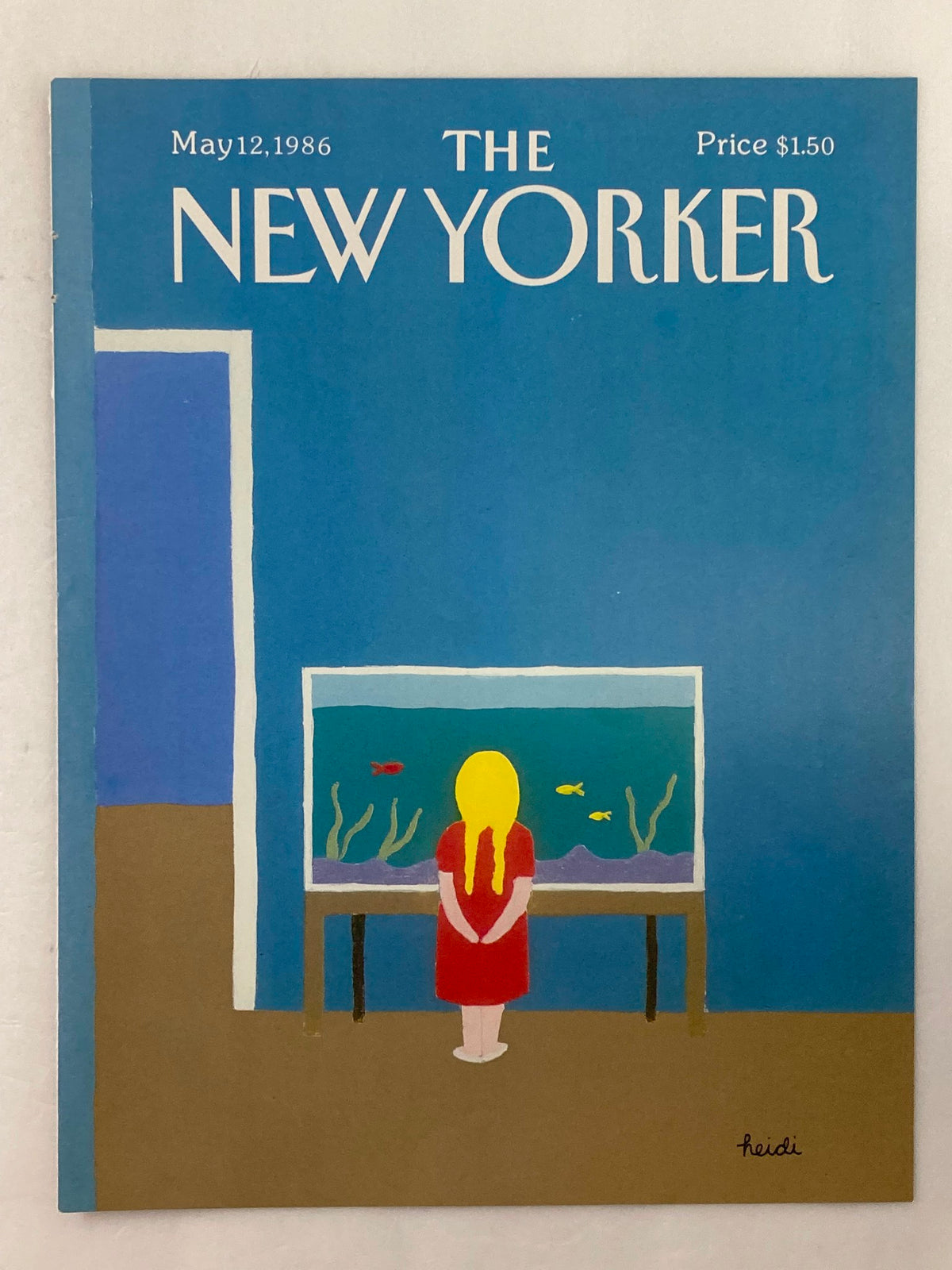 The New Yorker magazine cover from May 12, 1986, illustrated by Heidi Goennel, depicting a girl in a red dress and blonde hair gazing at an aquarium with various fish against a blue background.