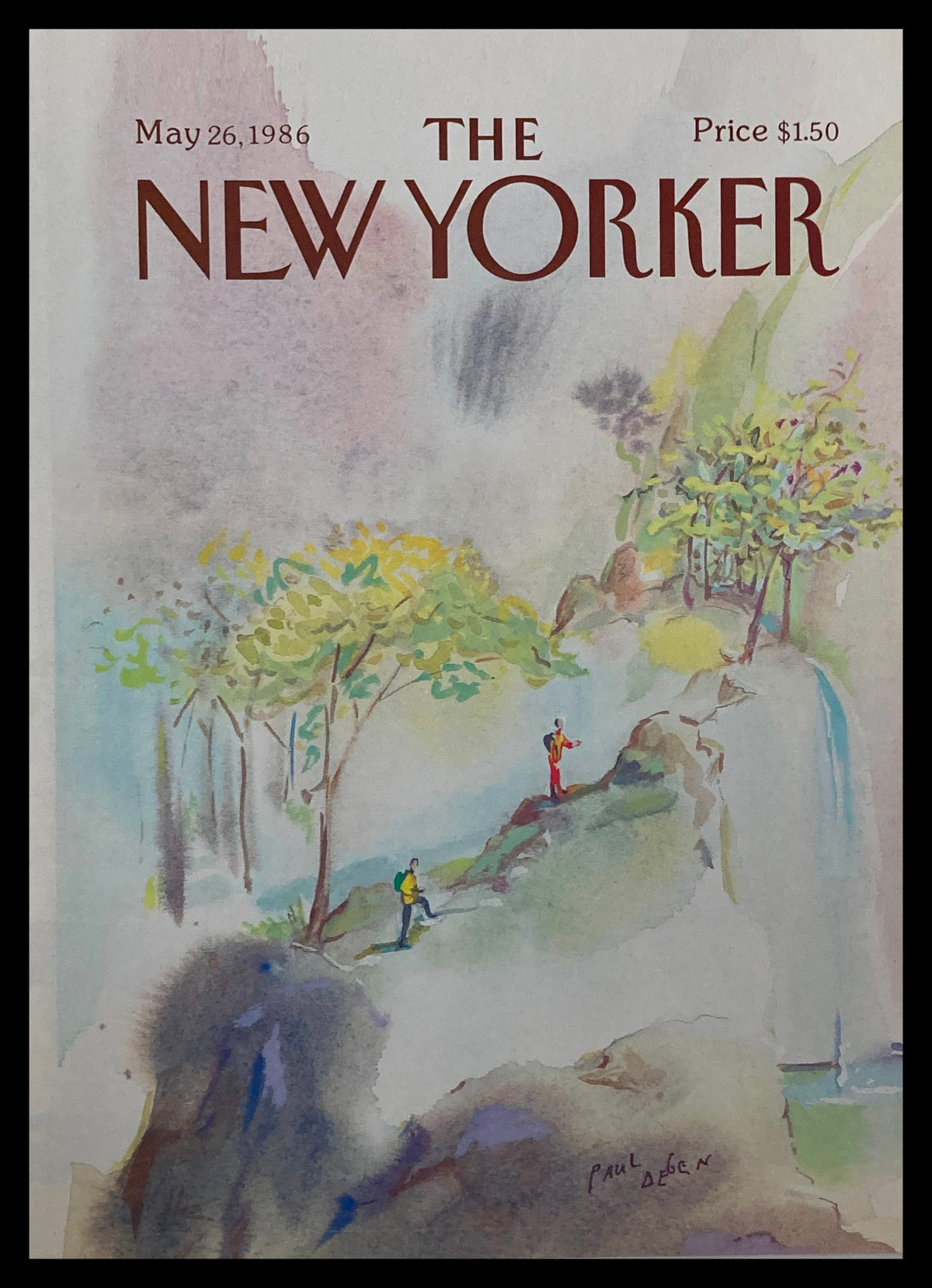 Cover art from The New Yorker magazine dated May 28, 1986, featuring the illustration "Small Falls" by Paul Degen, depicting a scenic landscape with hikers.
