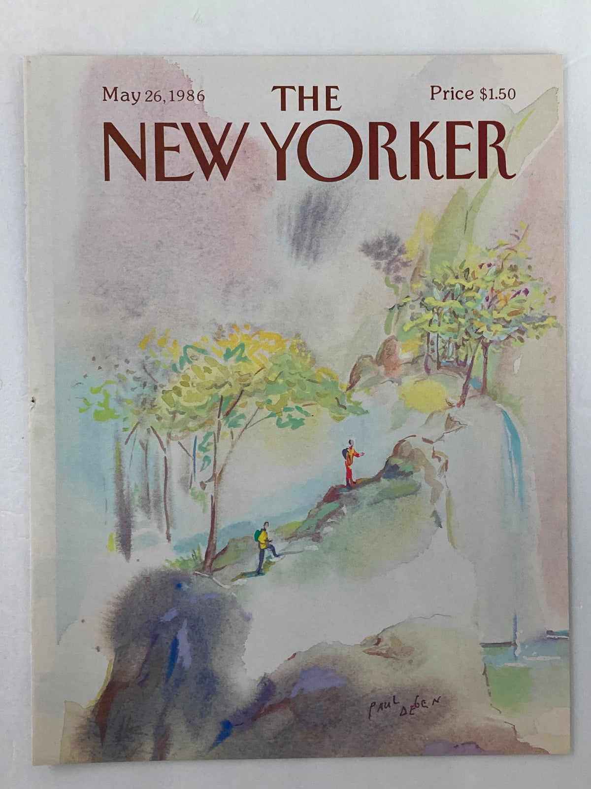 The New Yorker magazine cover from May 28, 1986, showcasing the artwork "Small Falls" by Paul Degen, illustrating two hikers in a lush, vibrant nature setting.