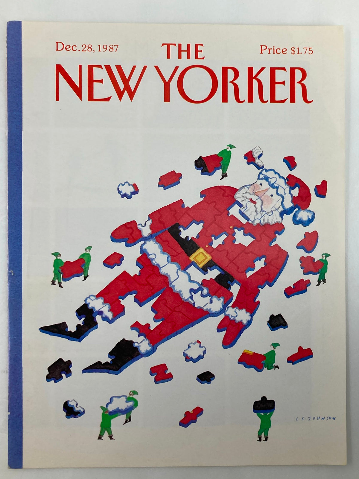 The New Yorker December 28 1987 Santa Puzzle cover showcasing a whimsical design of Santa Claus engaging with puzzle pieces, ideal for decorative or framing purposes.