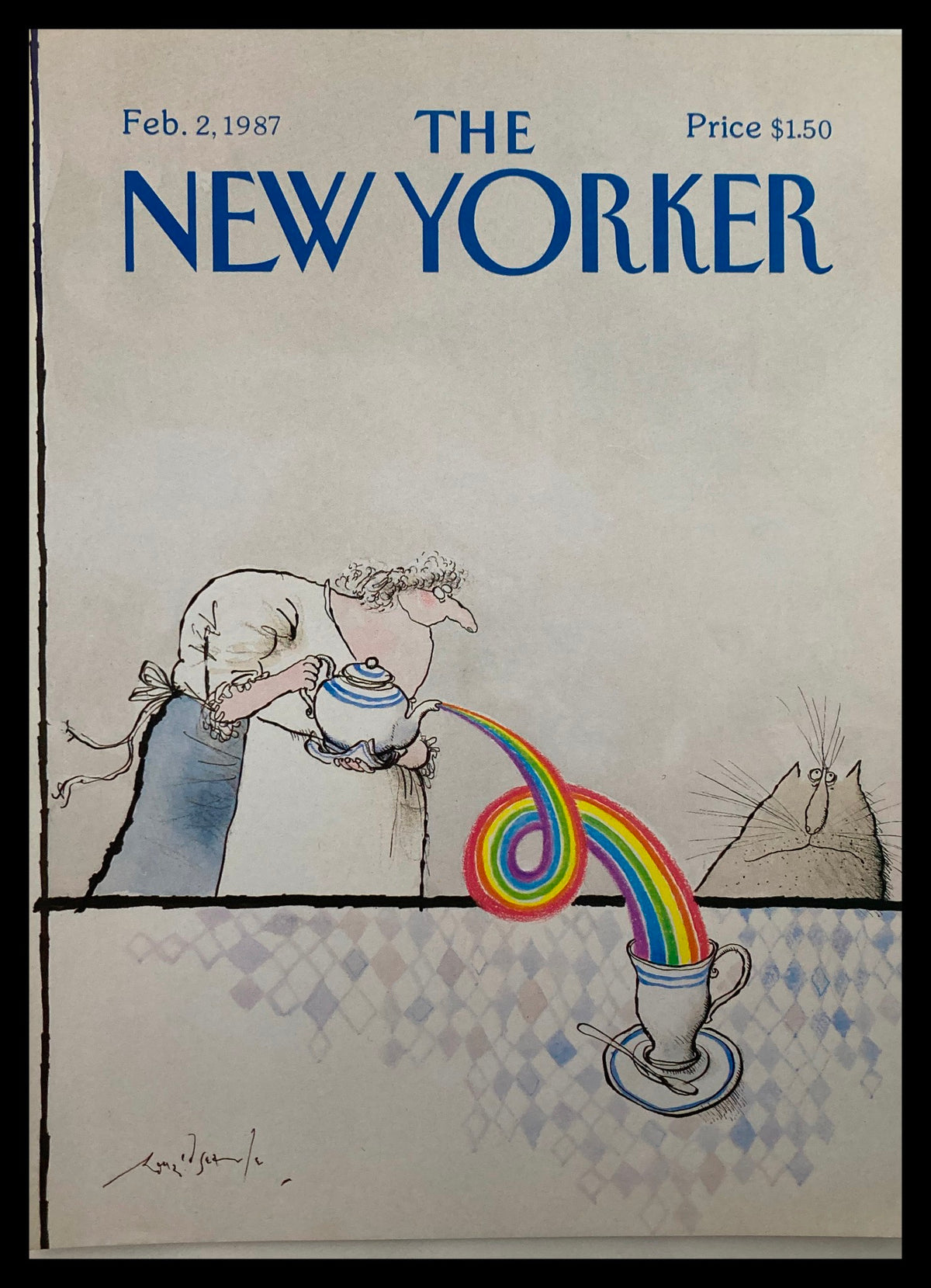 Cover of The New Yorker February 2, 1987 titled 'Rainbow Drink' by R. Searle, featuring a whimsical illustration of a woman pouring a rainbow from a teapot into a cup, with a surprised cat watching.