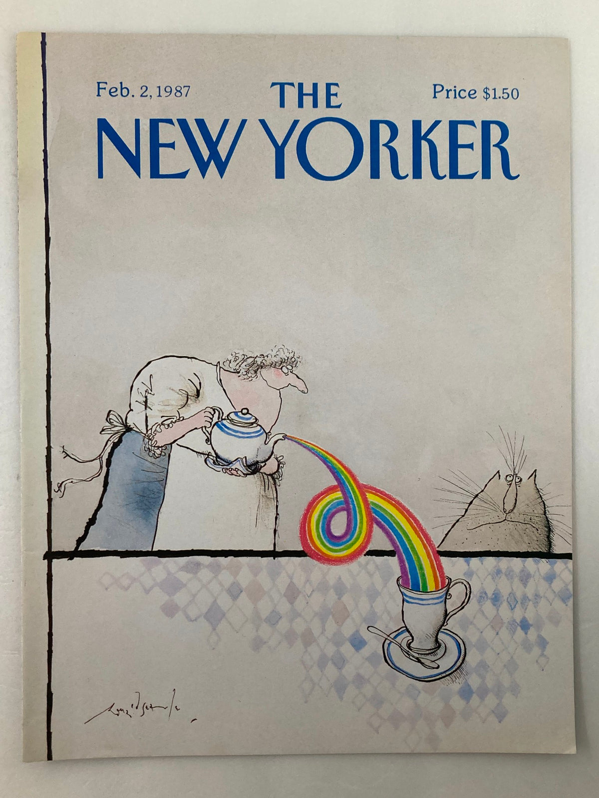 Cover of The New Yorker February 2, 1987 titled 'Rainbow Drink' by R. Searle, displaying colorful art of a woman pouring a rainbow drink into a cup, with an observant cat nearby.