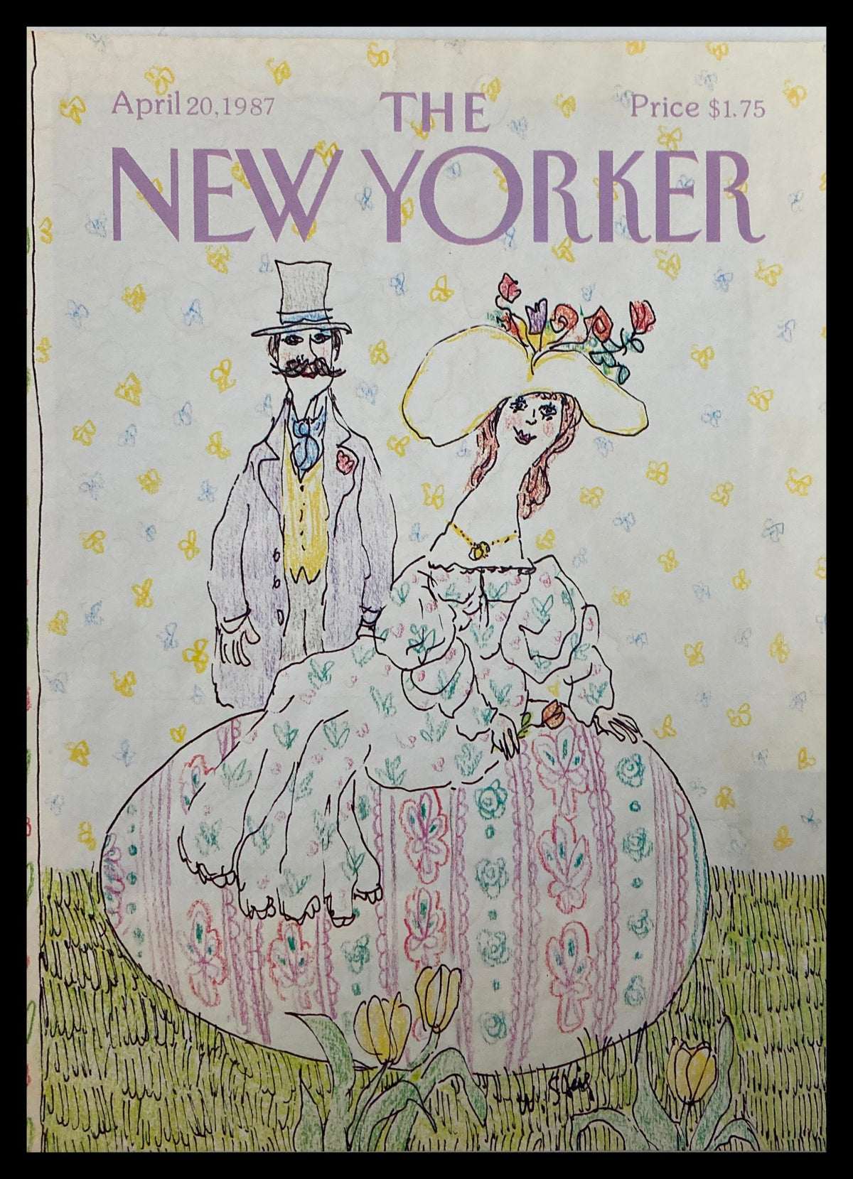 The New Yorker April 20, 1987 cover titled 'Just Married' by William Steig, featuring a whimsical illustration of a bride and groom in pastel colors, with a floral background.