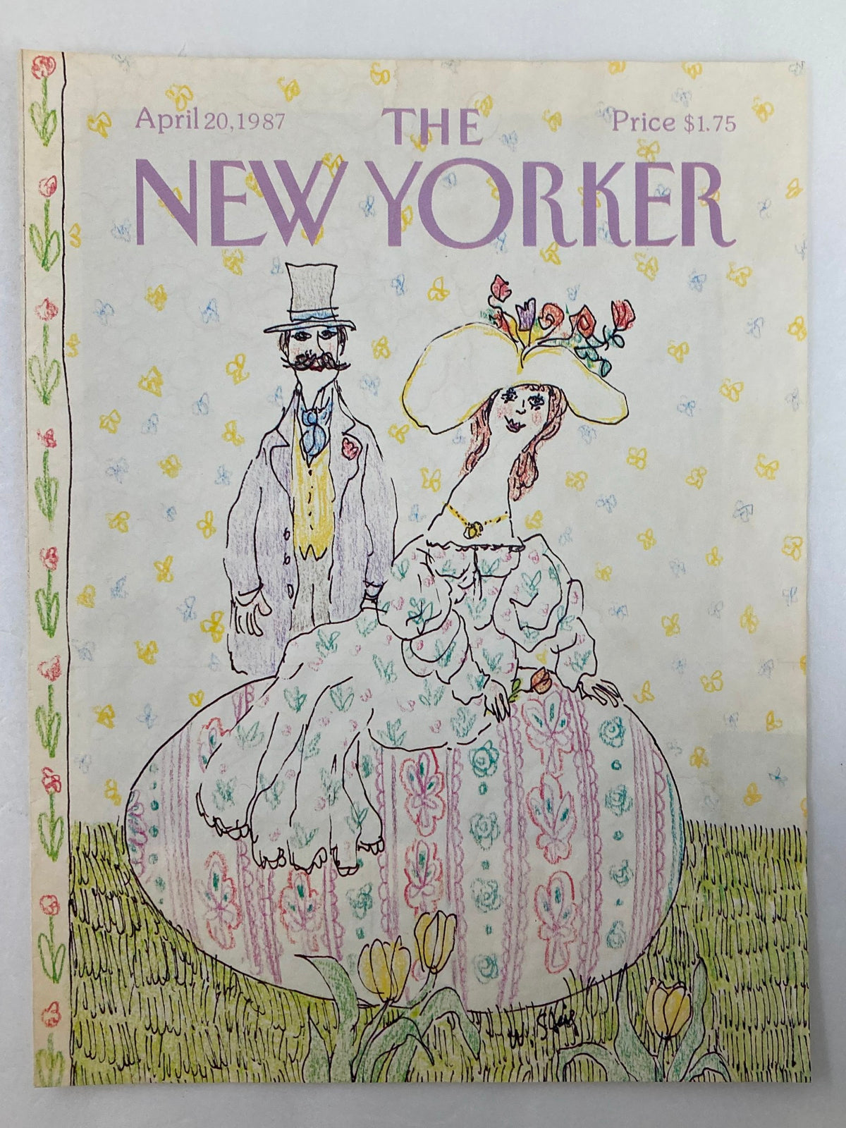 The New Yorker April 20, 1987 cover titled 'Just Married' by William Steig, showing a charming illustration of a couple in wedding attire against a colorful, floral backdrop.