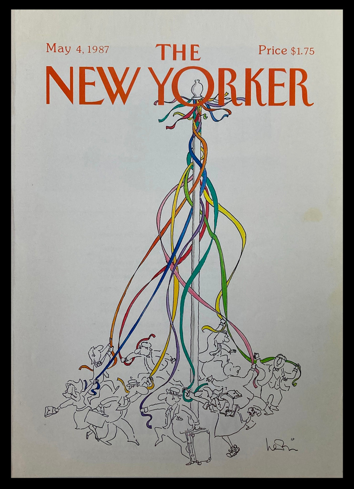 Cover of The New Yorker dated May 4, 1987, featuring colorful ribbons and characters in a whimsical parade, illustrated by Heidi Goennel.