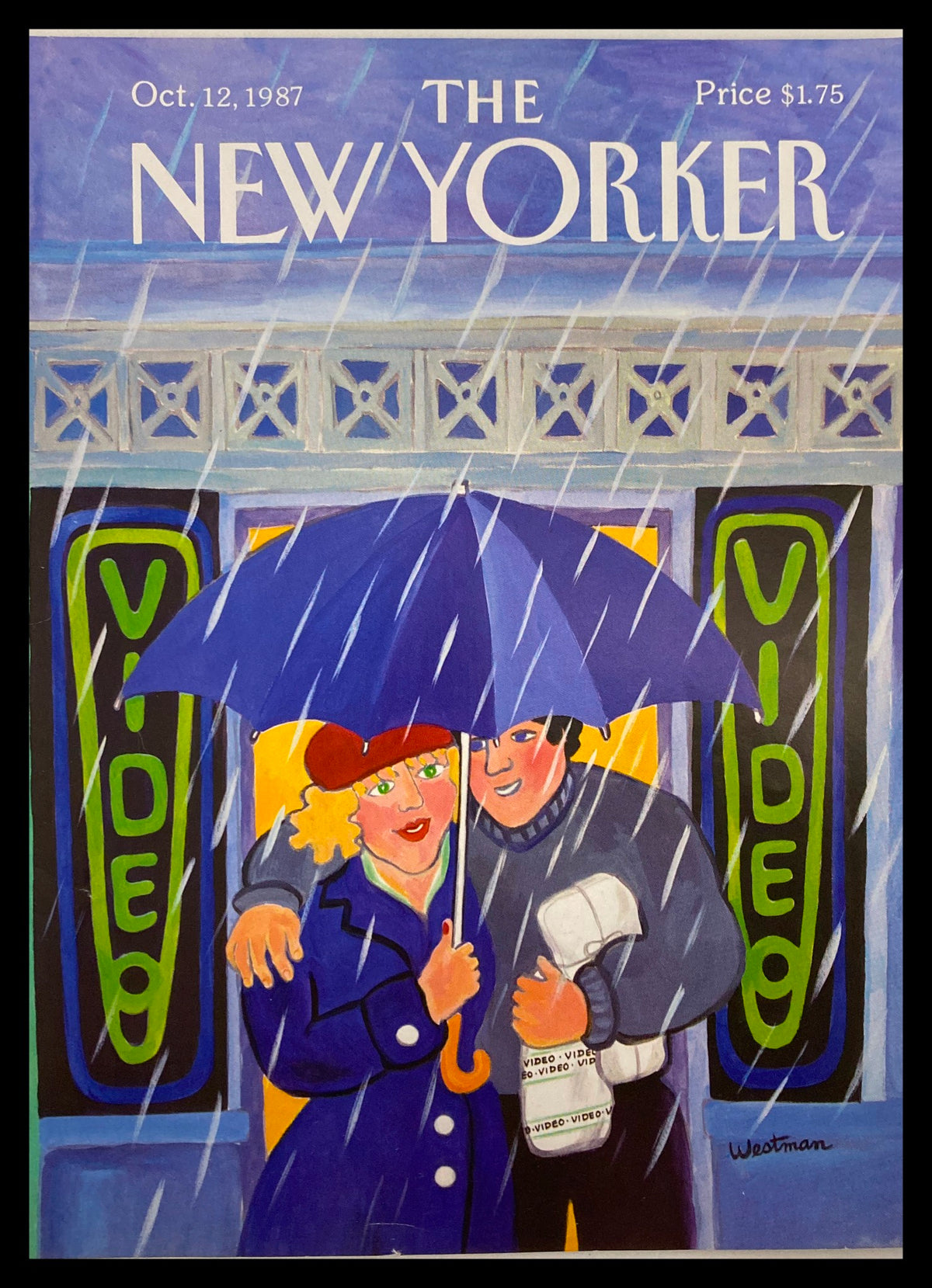 Cover only of The New Yorker magazine from October 12, 1987, featuring the illustration 'Video Couple' by Barbara W., depicting a couple under an umbrella in the rain with a video store in the background.