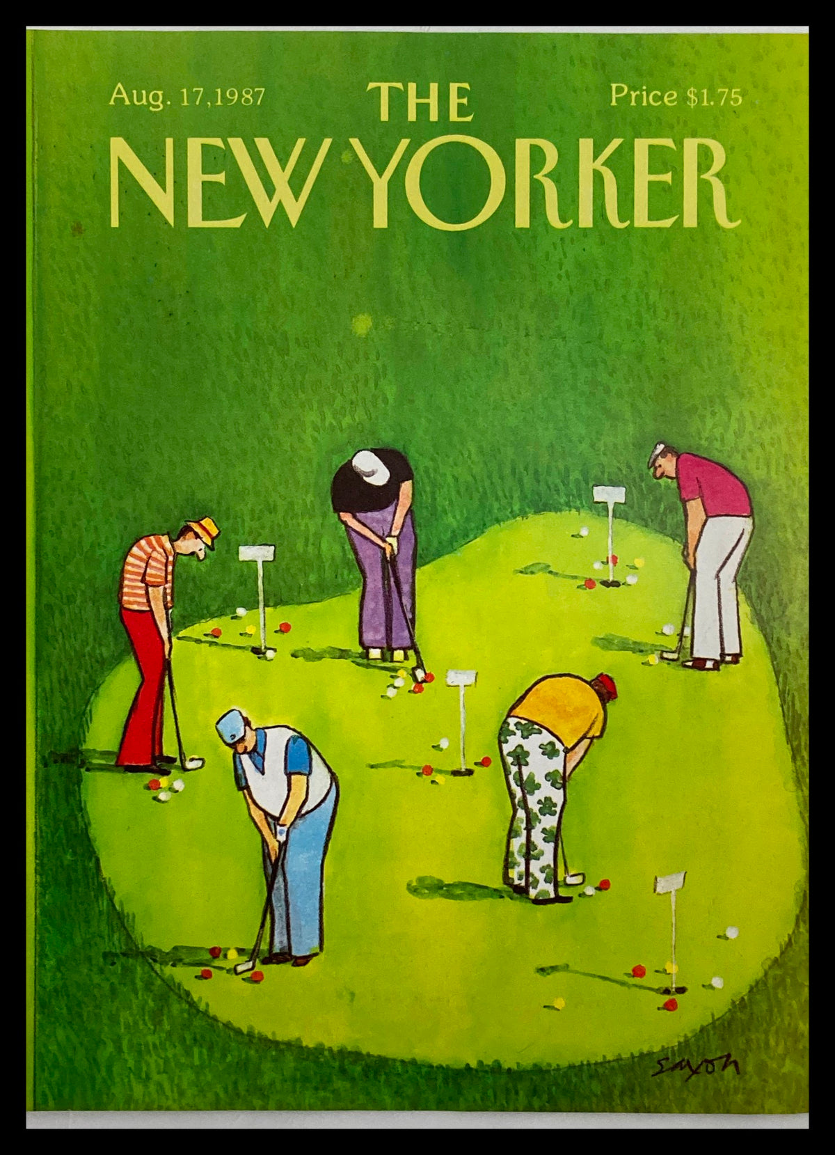 COVER ONLY The New Yorker August 17 1987 Golfers by Charles Saxon, featuring an illustration of five golfers on a putting green.