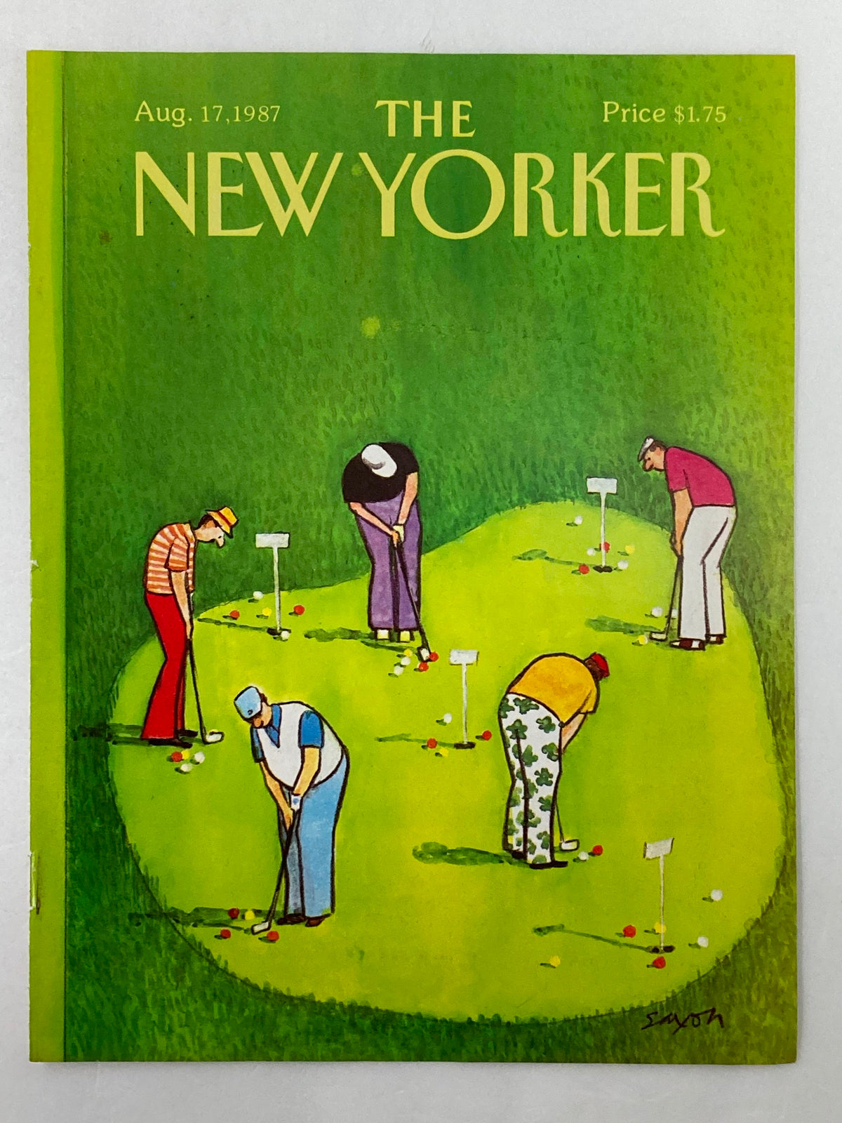 COVER ONLY The New Yorker August 17 1987 Golfers by Charles Saxon, showcasing vibrant colors and a scene of golfers engaged in putting.