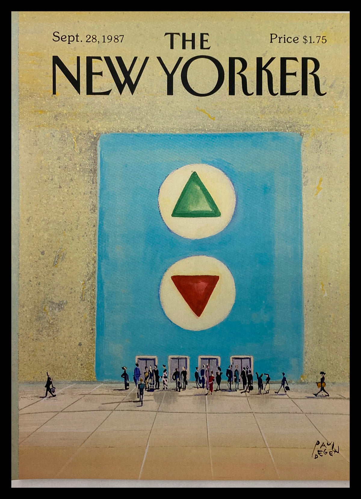 Cover of The New Yorker dated September 28, 1987, titled 'Going Up' by Paul Degen, featuring a vibrant illustration with traffic symbols and a crowd of people.