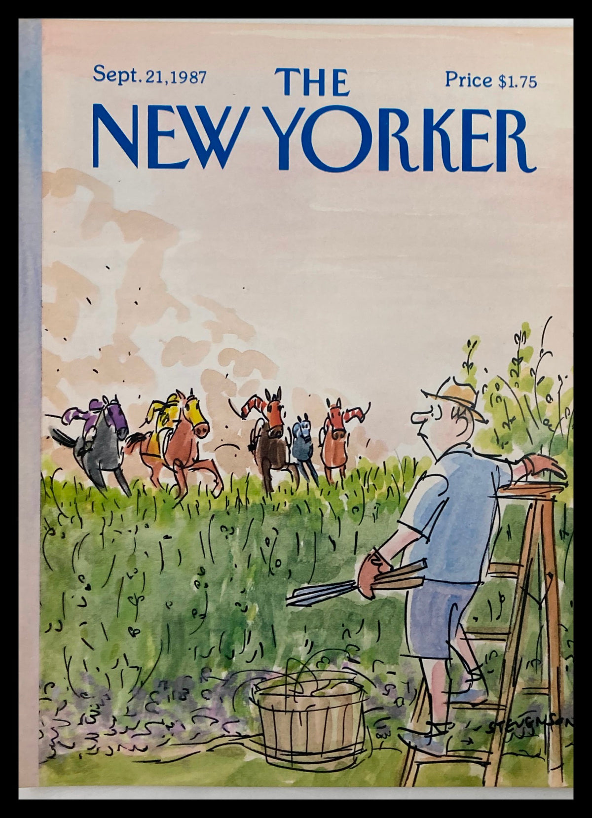 Cover of The New Yorker magazine dated September 21, 1987, featuring an illustration titled 'Riding Horses' by Stevenson, depicting a rural scene with horses and a character tending a garden.