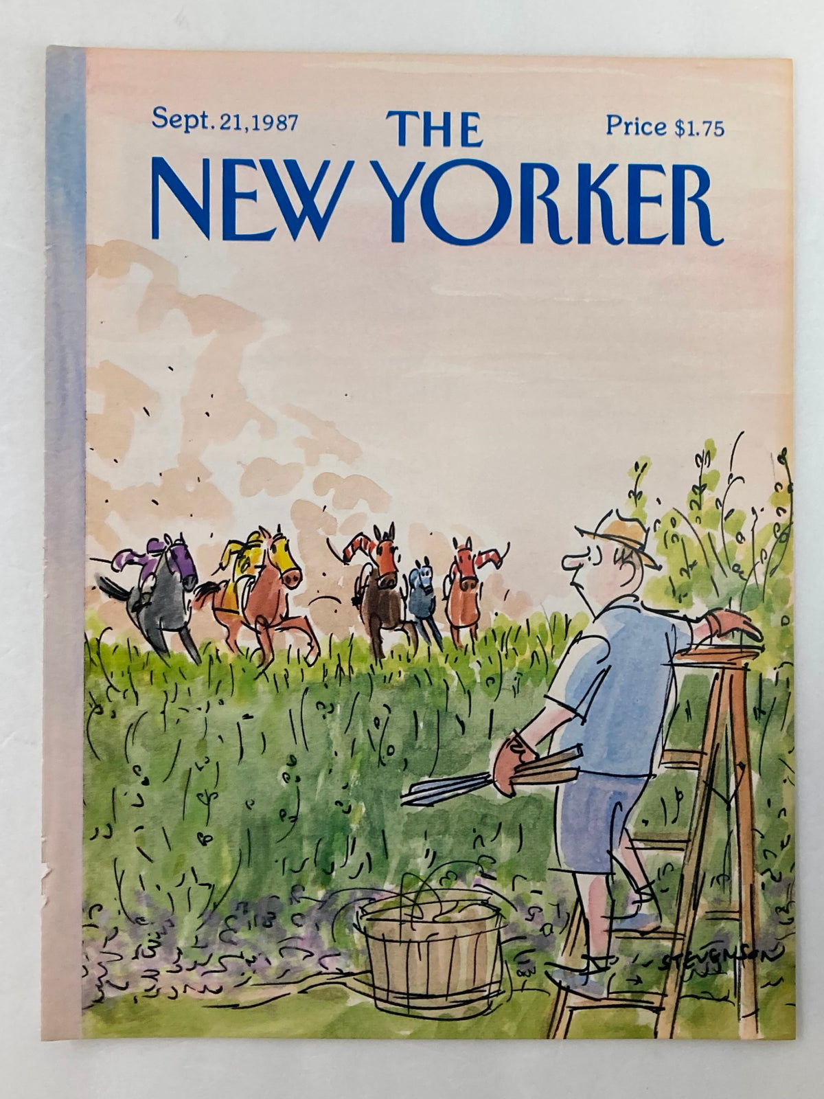The New Yorker magazine cover from September 21, 1987, showcasing the artwork 'Riding Horses' by Stevenson, featuring a character on a ladder overlooking horses in a vibrant field.
