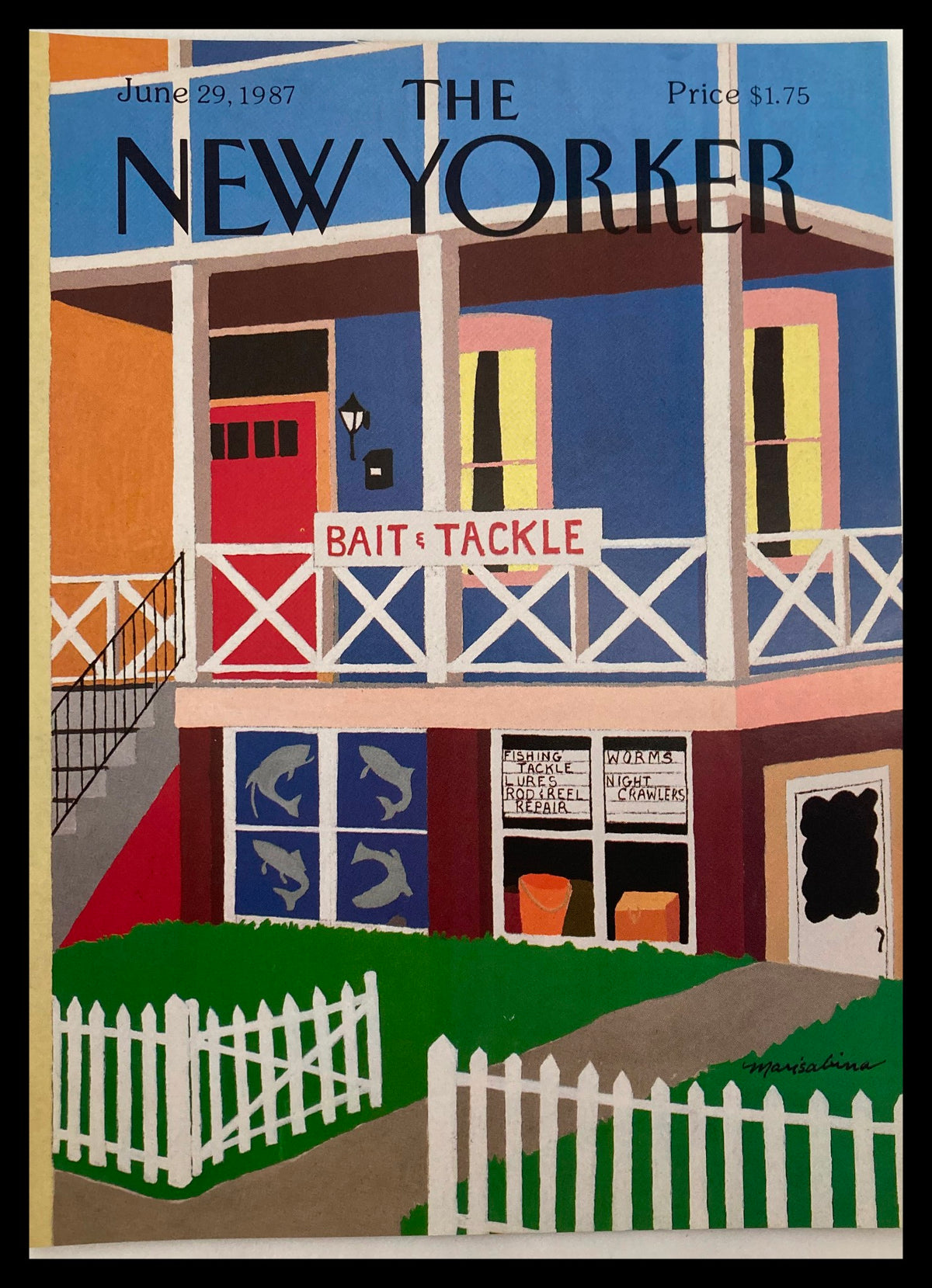 Cover of The New Yorker from June 29, 1987 titled 'Bait & Tackle' by Marisabina, featuring a colorful illustration of a fishing-themed building with a picket fence.
