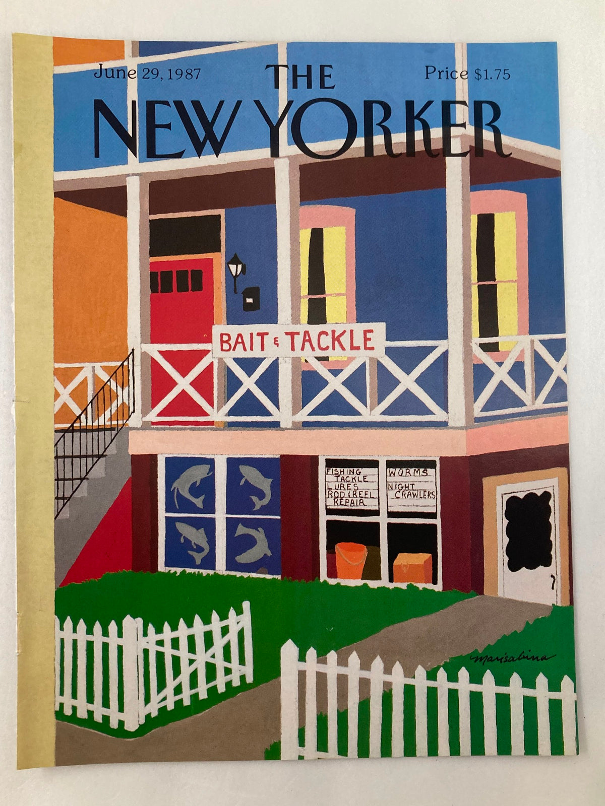 Cover of The New Yorker, June 29 1987, featuring 'Bait & Tackle' illustration by Marisabina. Vibrant colors depict a charming summer scene, suitable for collectors and art lovers.