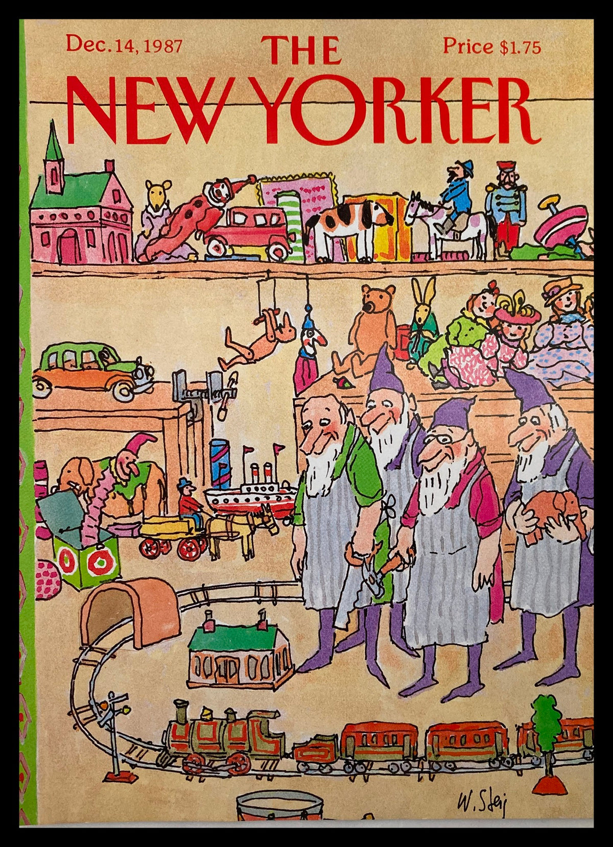 The New Yorker December 14 1987 Toy Store cover featuring whimsical artwork by William Steig, depicting a vibrant toy store scene with children and toys, perfect for art collectors.