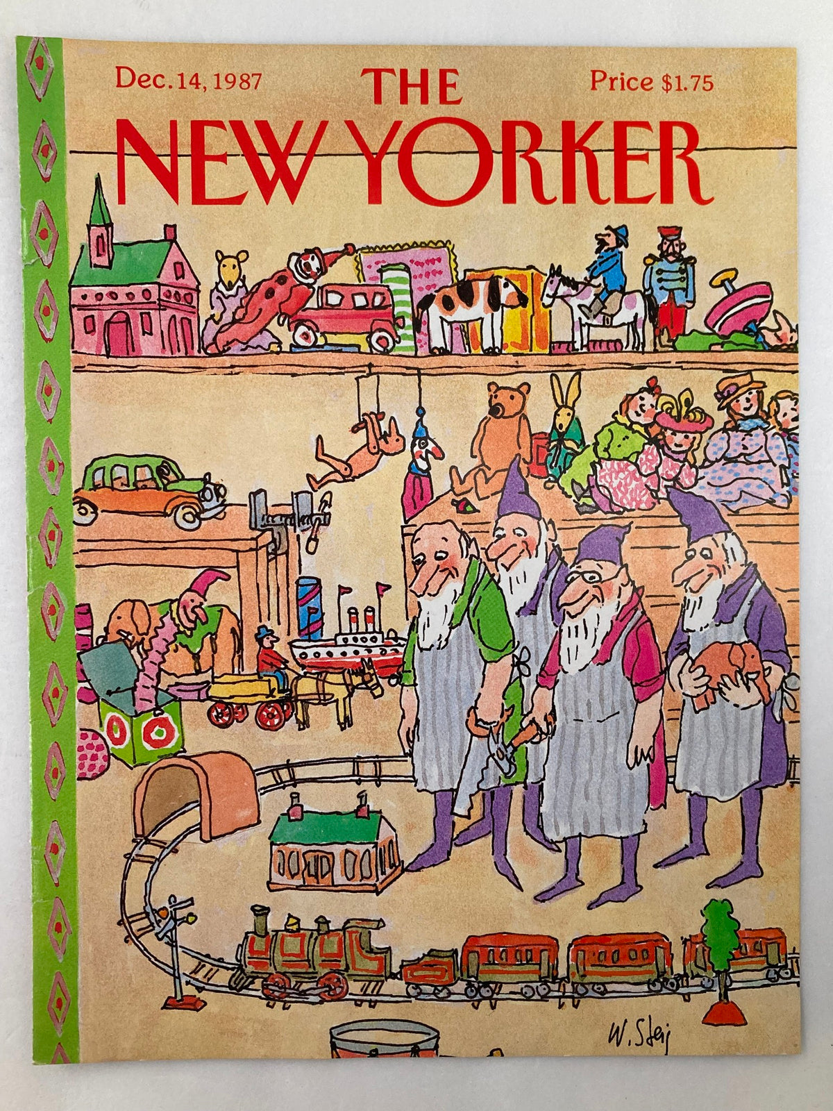 The New Yorker December 14 1987 Toy Store cover illustrated by William Steig, showcasing a colorful and nostalgic toy store filled with playful characters and classic toys, ideal for vintage magazine enthusiasts.