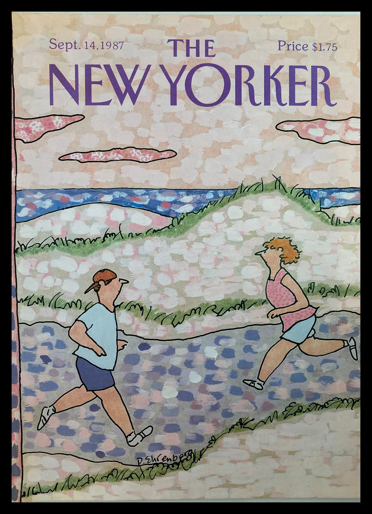 Cover of The New Yorker September 14, 1987 featuring a vibrant illustration of jogging by Devera Ehrenberg, showcasing two joggers in a scenic landscape.
