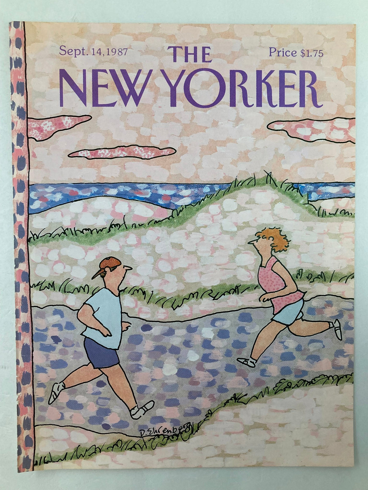 Cover of The New Yorker September 14, 1987 displaying an illustration of jogging by Devera Ehrenberg, highlighting two runners against a colorful outdoor backdrop.