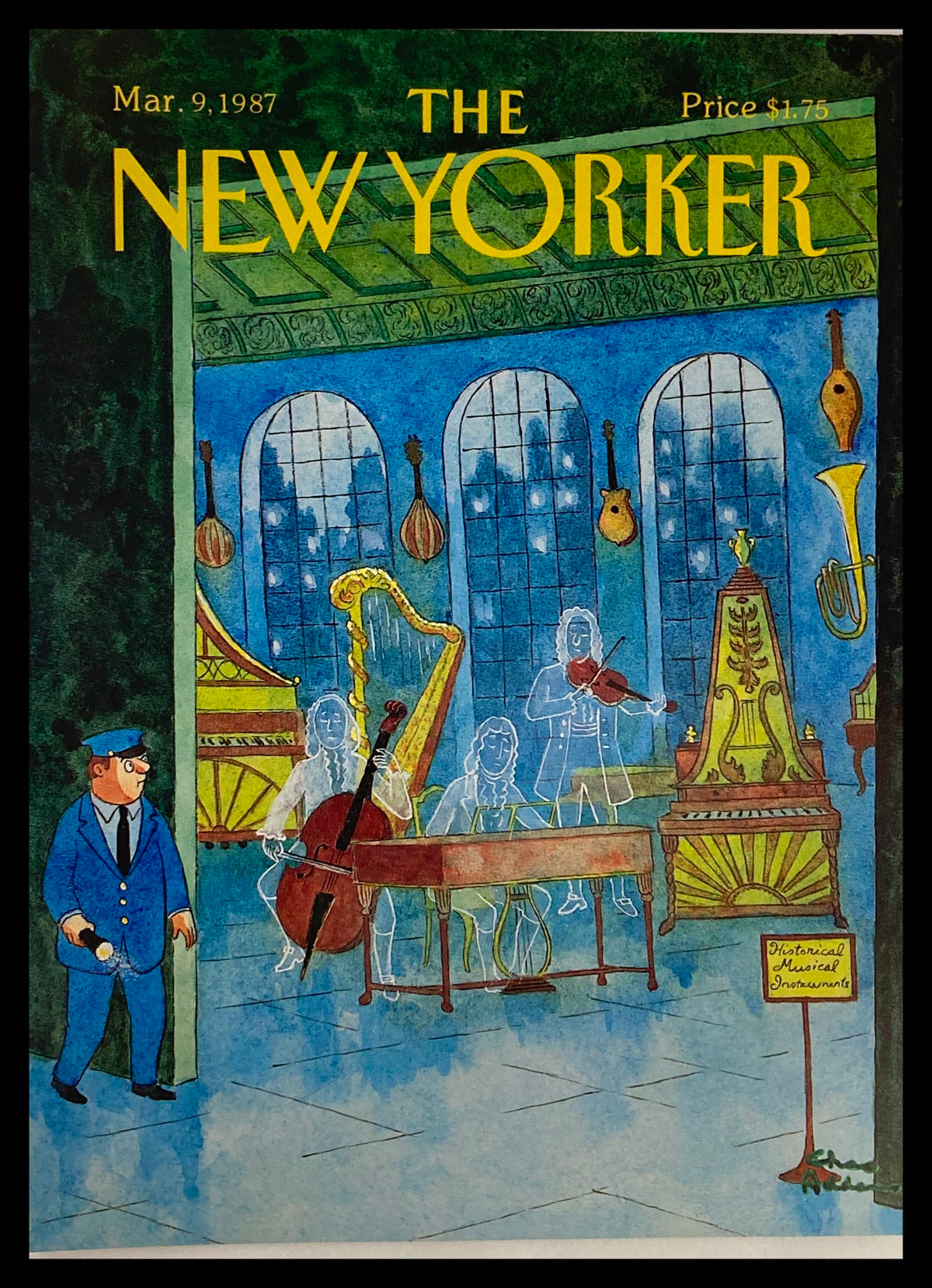 Cover of The New Yorker March 9, 1987, titled 'Historic Ghosts' by Chas Addams, featuring whimsical ghosts playing musical instruments in a historic setting.