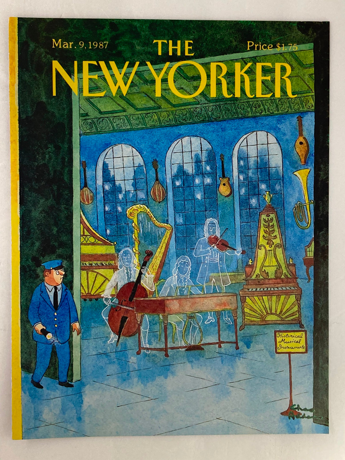 Cover of The New Yorker March 9, 1987, titled 'Historic Ghosts' by Chas Addams, showcasing a scene with ghosts and a guard observing in a colorful, artistic depiction.