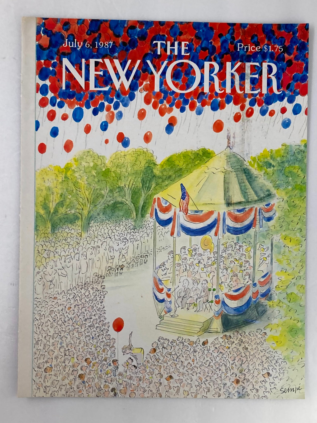 Cover of The New Yorker July 6, 1987, showcasing a vibrant scene with a red balloon in a crowd celebrating, designed by J. J. Sempé.