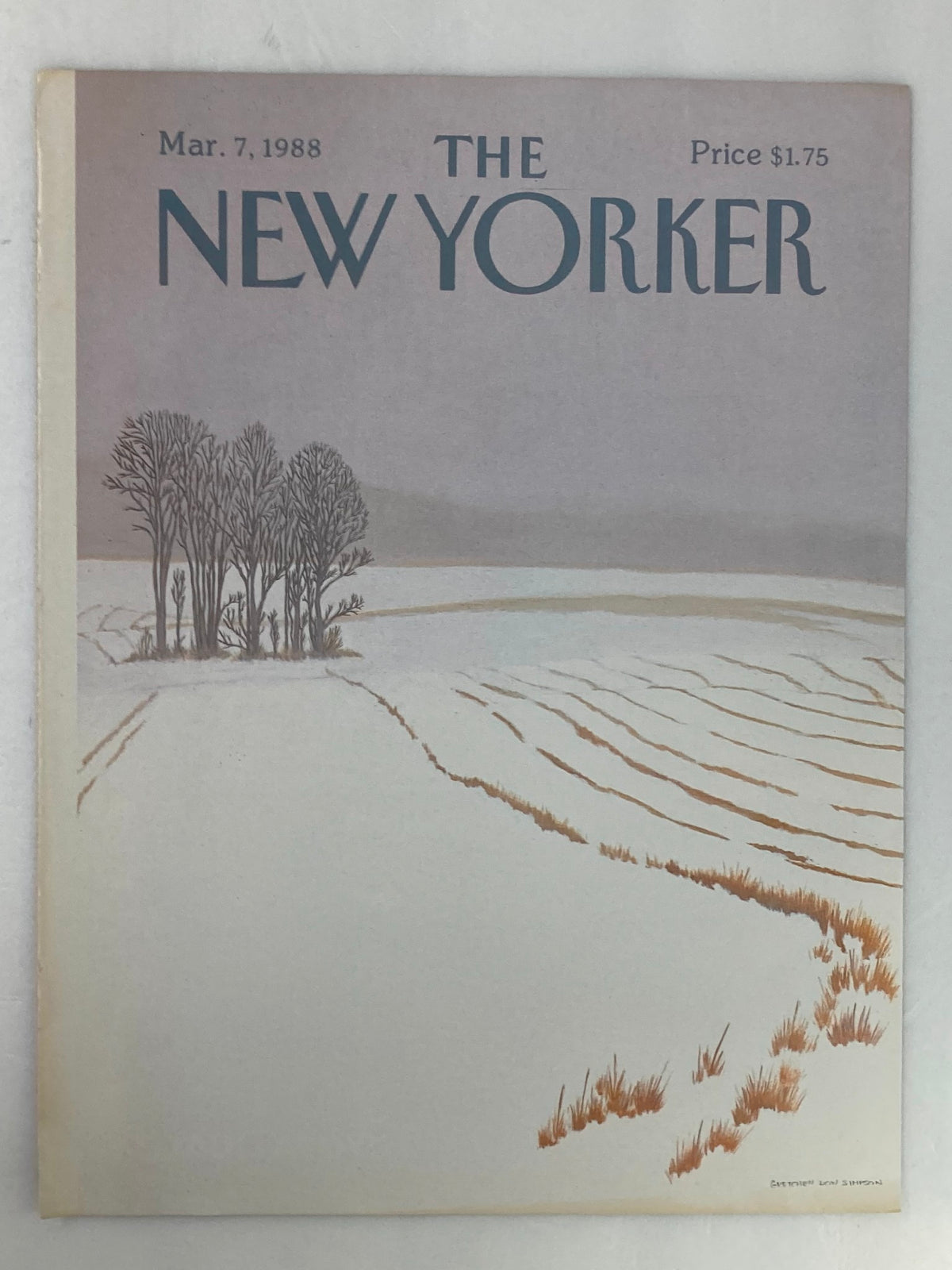 Cover of The New Yorker from March 7, 1988, titled 'Snowing' by Gretchen Dow Simpson, featuring a serene winter landscape with trees and snow.