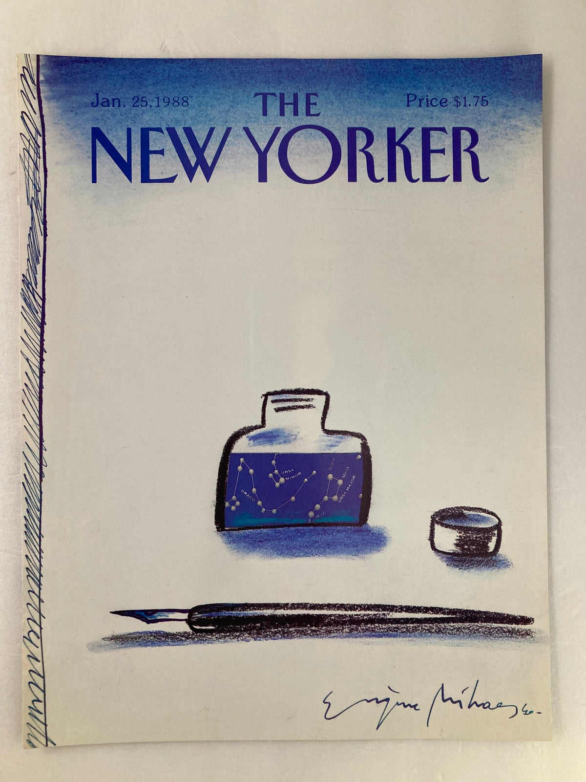 The New Yorker January 25, 1988 cover by Eugene Mihaesco, showcasing a blue ink design with an ink bottle and a pen. A unique piece for collectors of vintage magazine art.