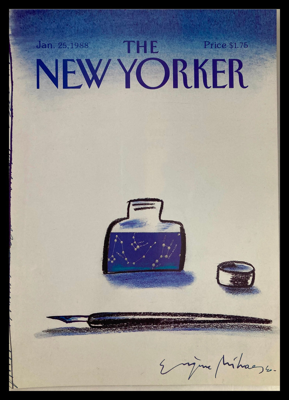 Cover of The New Yorker, January 25, 1988, designed by Eugene Mihaesco, featuring a blue ink illustration of an ink bottle and pen. A vintage collectible magazine cover with artistic appeal.