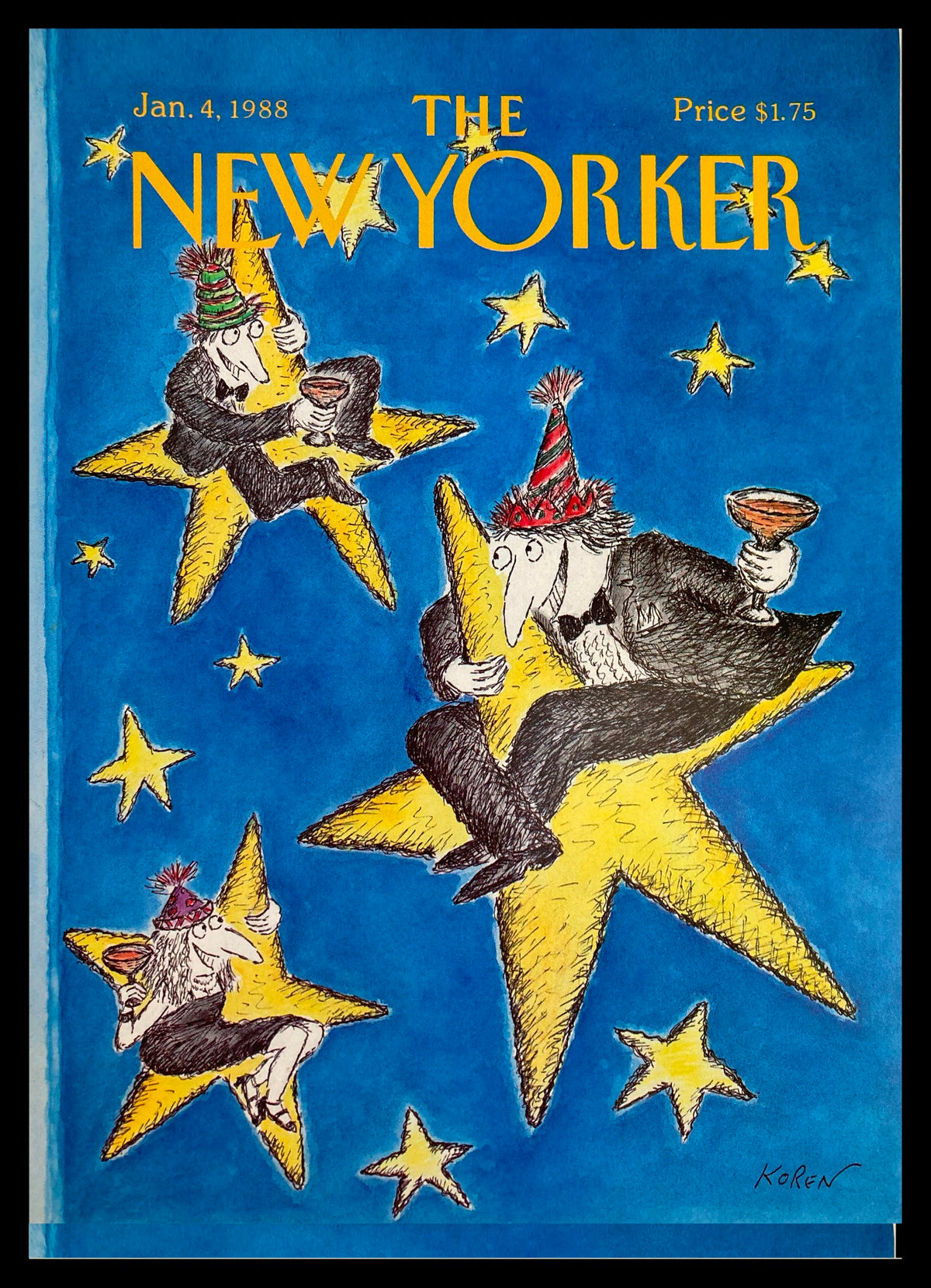 COVER ONLY The New Yorker January 4 1988 Star Party by Edward Koren featuring whimsical characters celebrating on stars against a blue background.