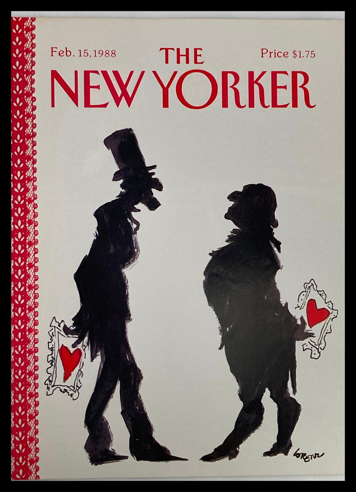 The New Yorker cover dated February 15, 1988, featuring 'Couple Hearts' by Lorens, showcasing a silhouette illustration of two figures with hearts, capturing a theme of love and connection.