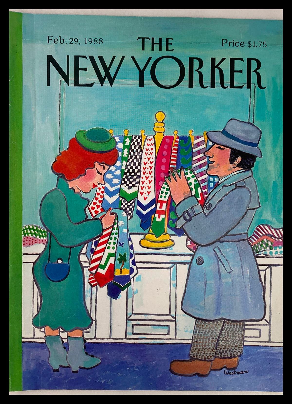 COVER ONLY The New Yorker February 29 1988 featuring whimsical neckties artwork by Barbara Westman, depicting a woman and a man admiring colorful neckties in a shop setting.