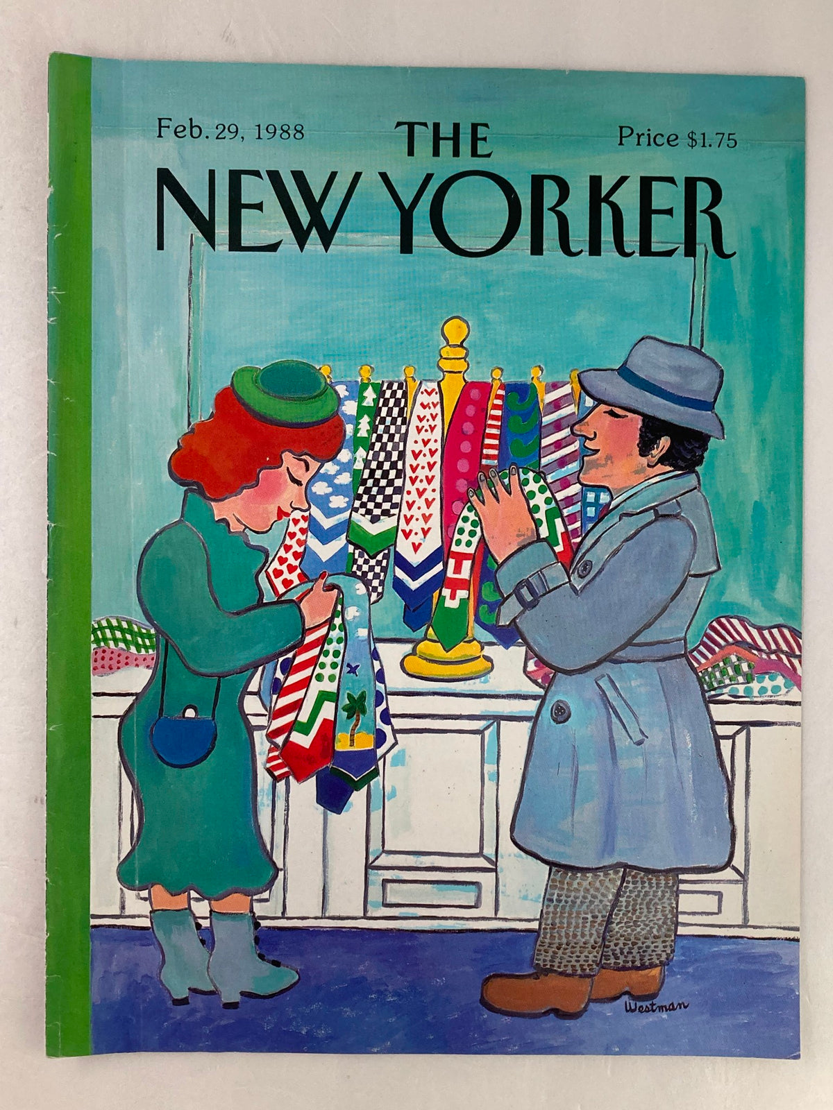 COVER ONLY The New Yorker February 29 1988 showcasing neckties artwork by Barbara Westman, illustrating a charming scene where a woman and a man are selecting neckties from a display.