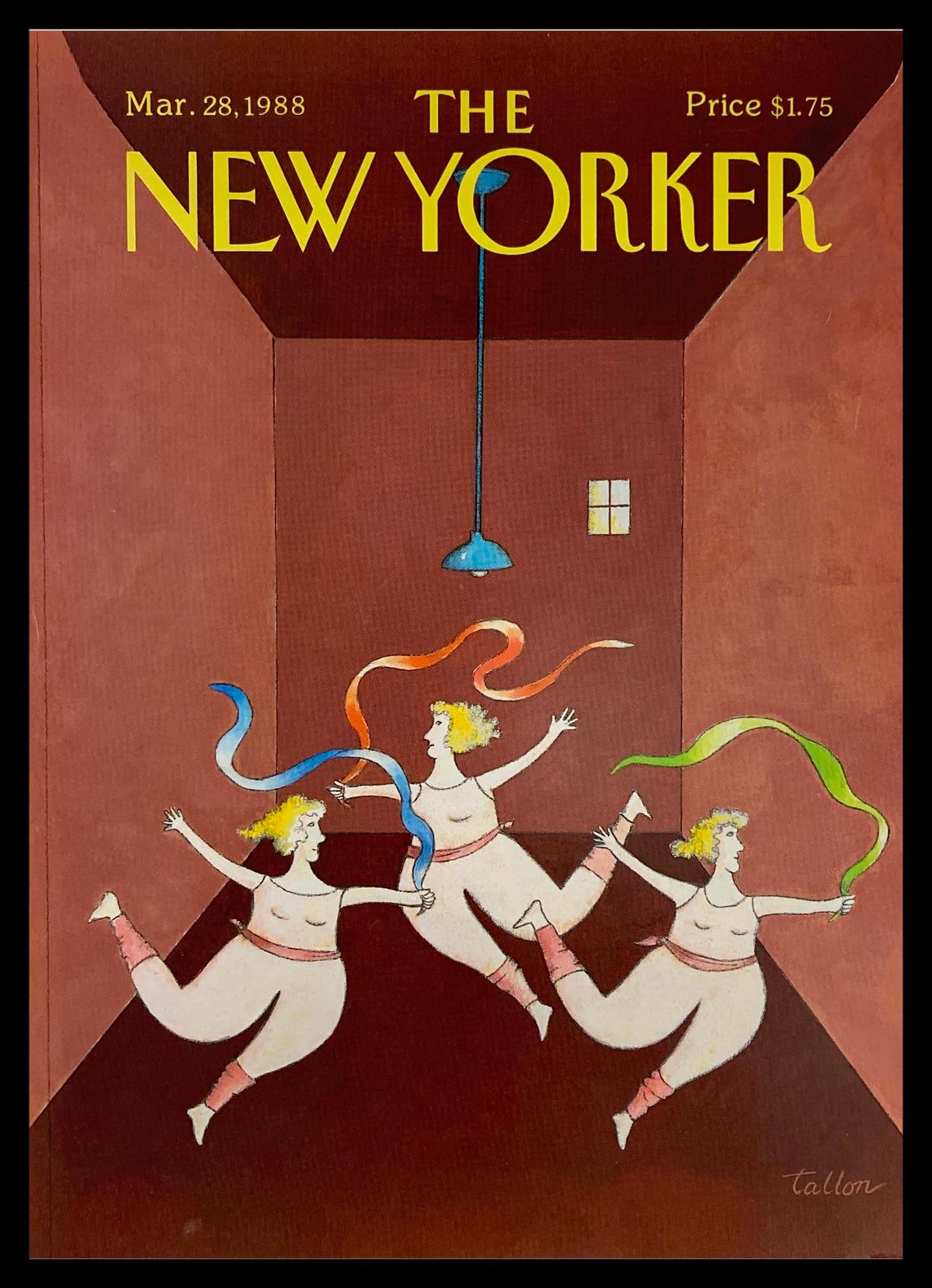 The New Yorker Cover from March 28, 1988 by Robert Tallon features three dancers with colorful ribbons in a minimalist room.