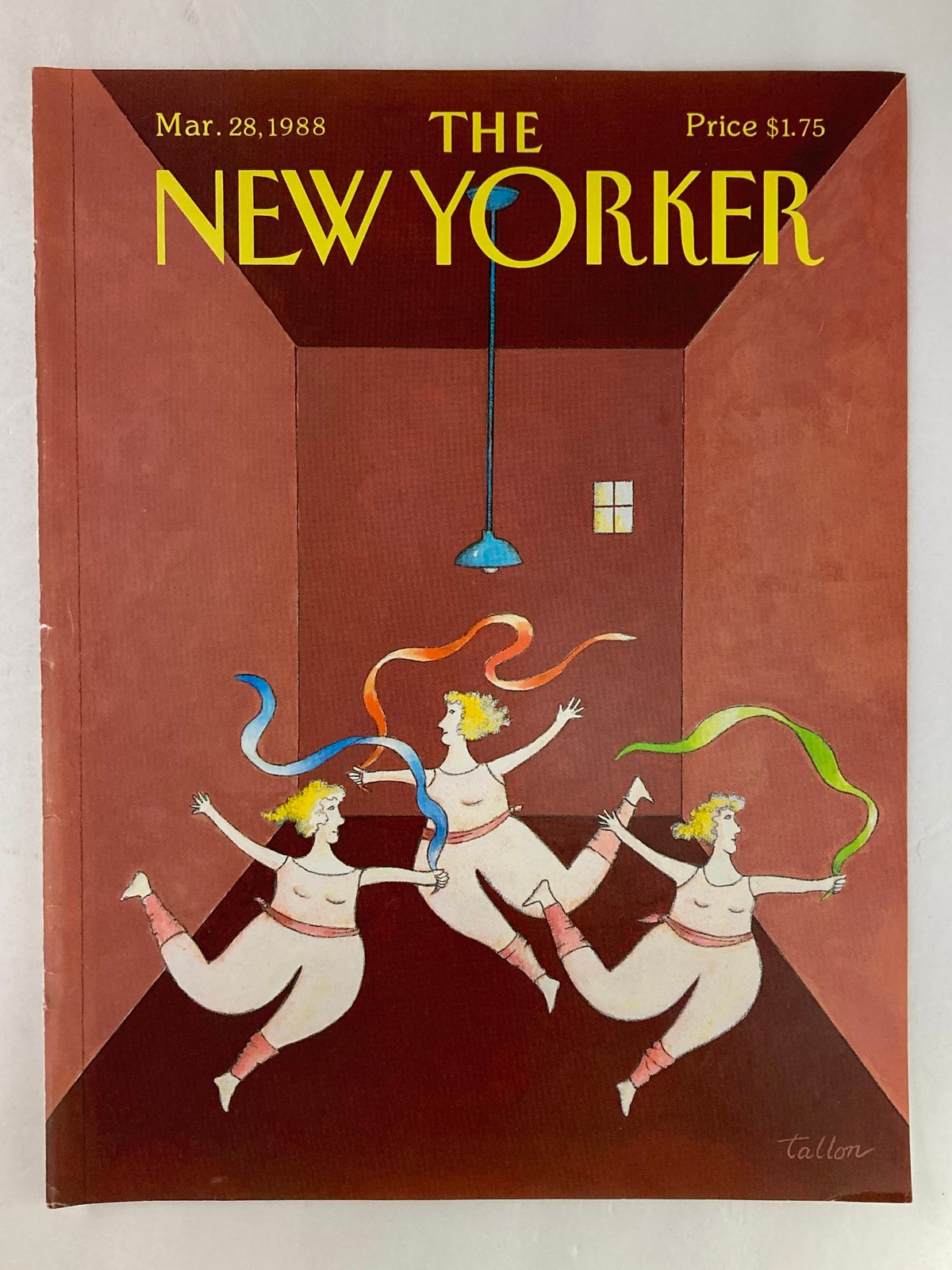 The New Yorker Cover from March 28, 1988 by Robert Tallon showcases a playful illustration of dancers playing with colorful ribbons in a simple interior setting.