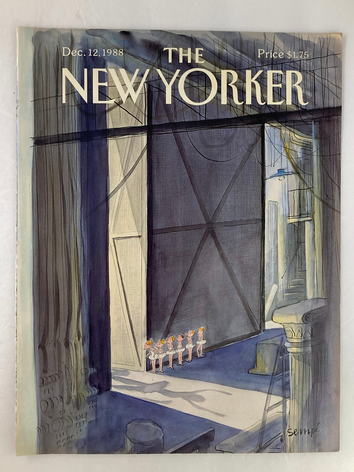 COVER ONLY The New Yorker December 12 1988 Stage Fright by J. J. Sempe. The vintage magazine cover showcases a theatrical setting with a group of five dancers set against a backdrop of large stage curtains and blue shadows.