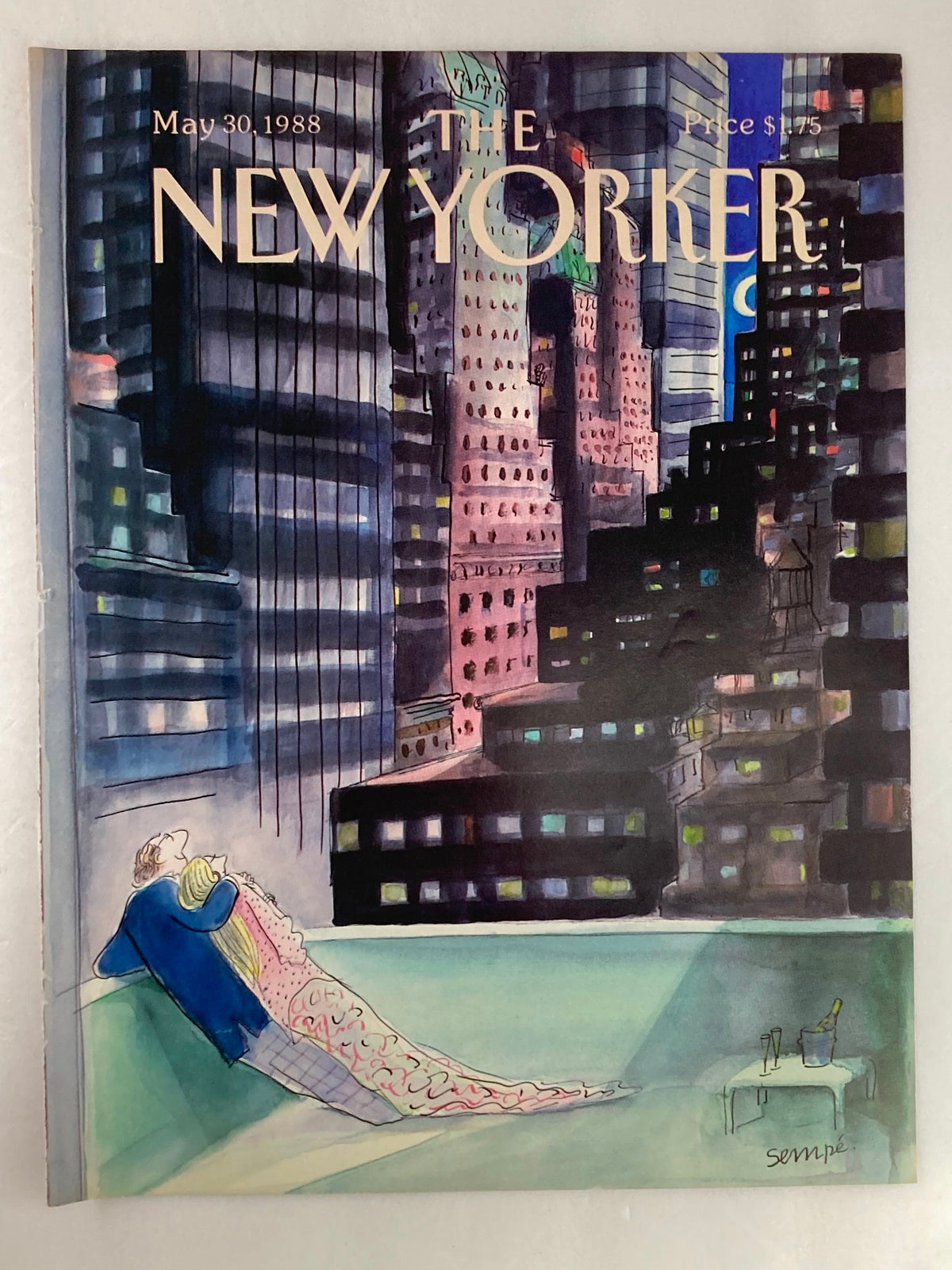COVER ONLY The New Yorker May 30 1988 Moonlight by J. J. Sempe - Vintage magazine cover featuring a romantic scene of a couple in a moonlit setting with towering city buildings in the background.