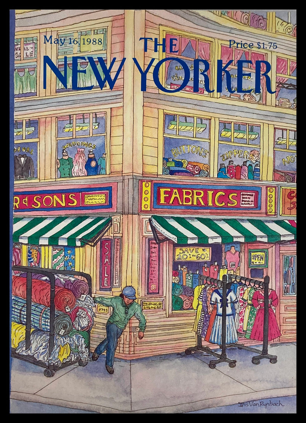 Cover of The New Yorker May 16 1988 featuring fabrics by Iris Van Rynbach, showcasing a vibrant street scene with a man carrying fabric rolls outside a colorful store.