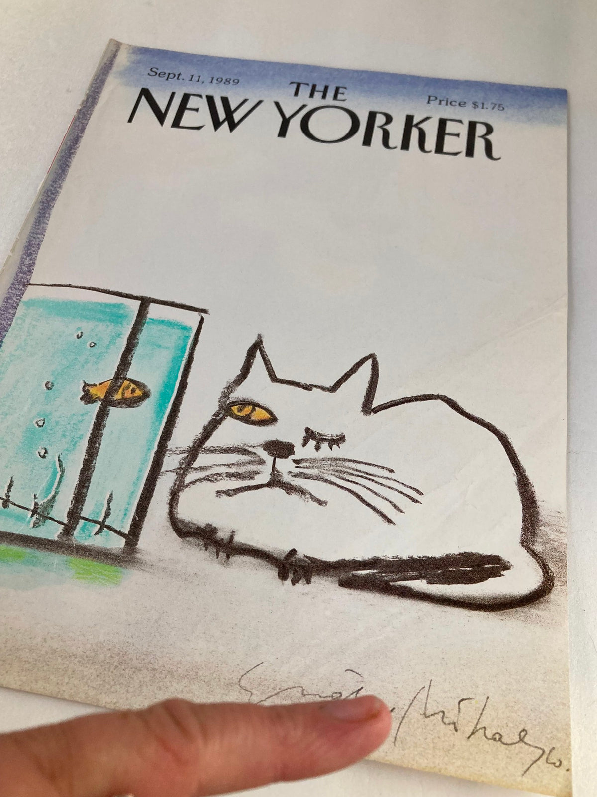 Cover of The New Yorker from September 11, 1989, featuring a unique illustration of a cat with an eye-catching fishbowl, created by artist Eugene Mihaesco. A piece of vintage art perfect for collectors.