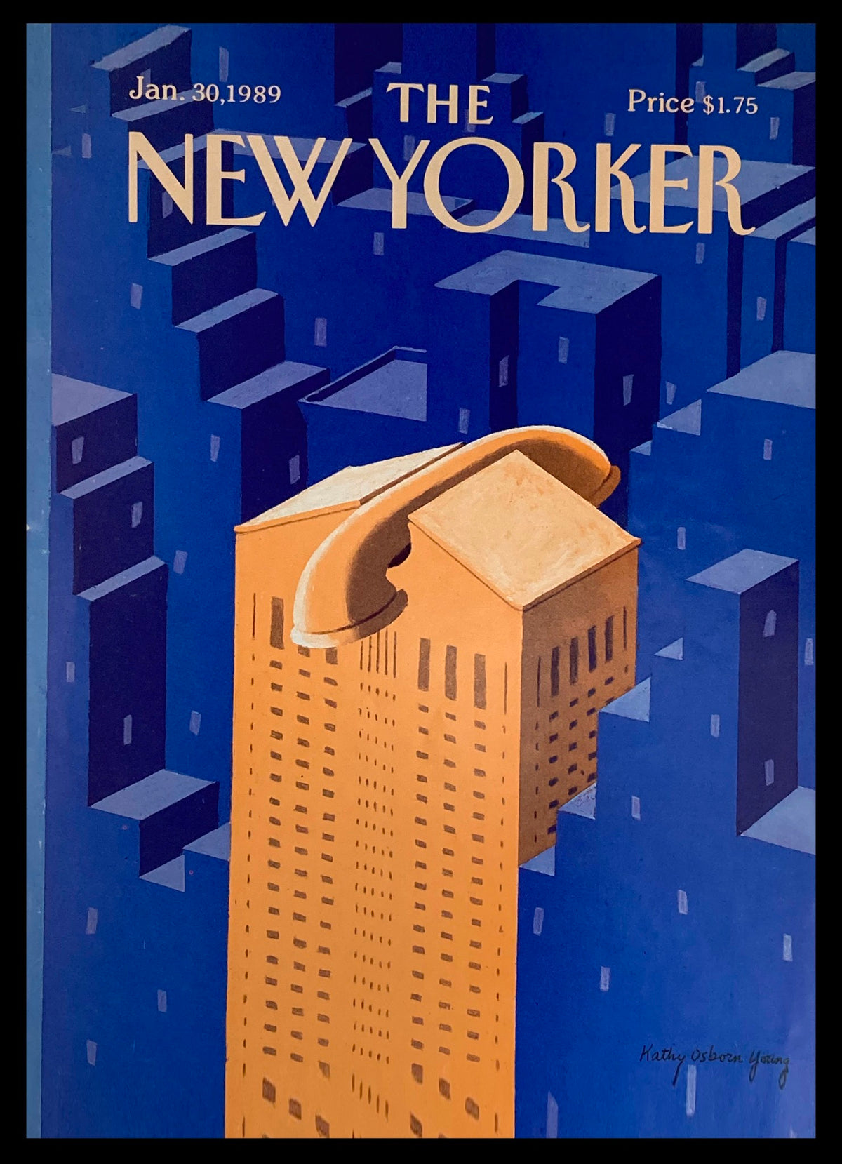 COVER ONLY The New Yorker January 30 1989 Big Phone by Kathy Young, featuring a vibrant illustration of a building shaped like a telephone against a blue cityscape background. Perfect for vintage art lovers and magazine collectors.