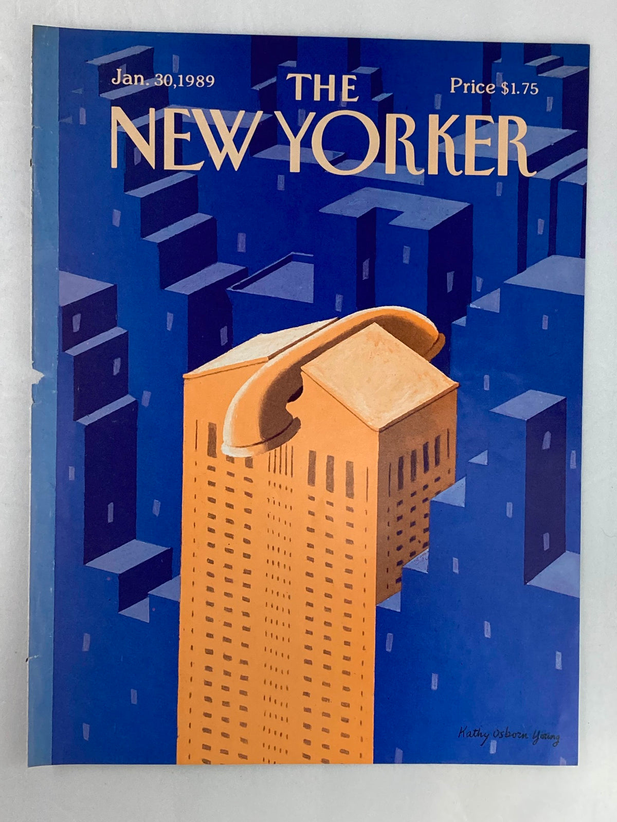 COVER ONLY The New Yorker January 30 1989 Big Phone by Kathy Young, featuring a colorful illustration of a tall building with a large telephone on top, set against a blue cityscape background.