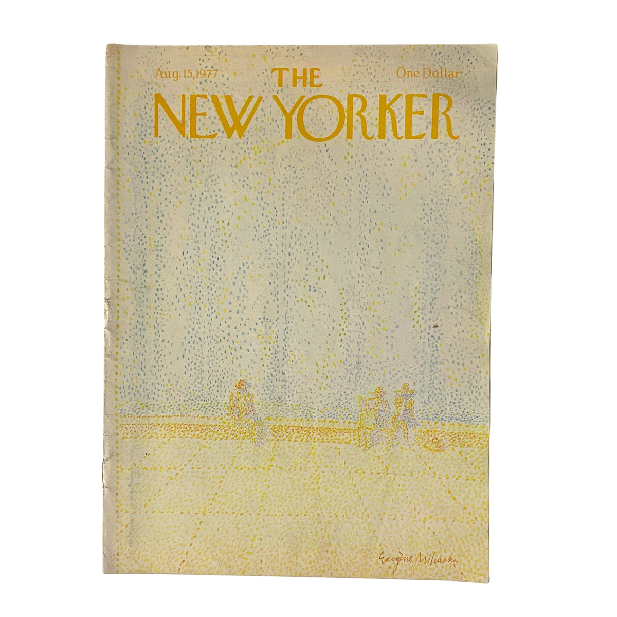Cover of The New Yorker magazine dated August 15, 1977, featuring an illustration by Eugène Mihaesco, depicting a serene landscape with figures in a light color palette.