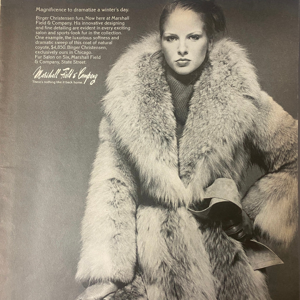 Advertisement in The New Yorker magazine from August 15, 1977, showcasing luxurious fur coats by Birger Christensen, featured at Marshall Field & Company.