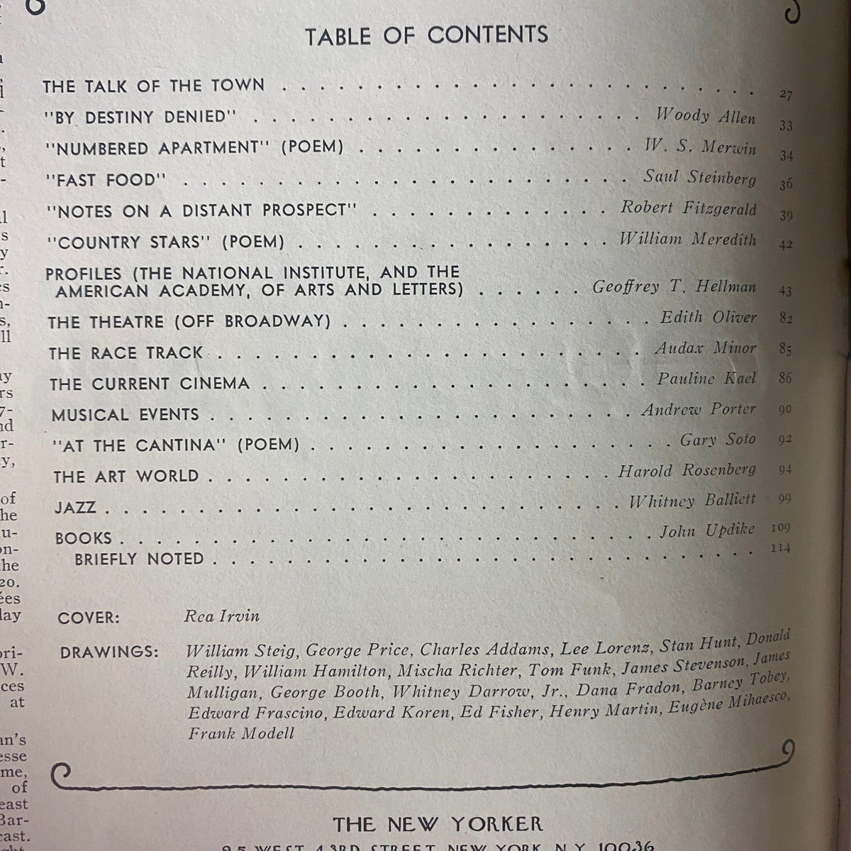 Table of contents from The New Yorker magazine, February 23, 1976, listing featured articles and contributors including Woody Allen and W.S. Merwin, highlighting the literary significance of the issue.