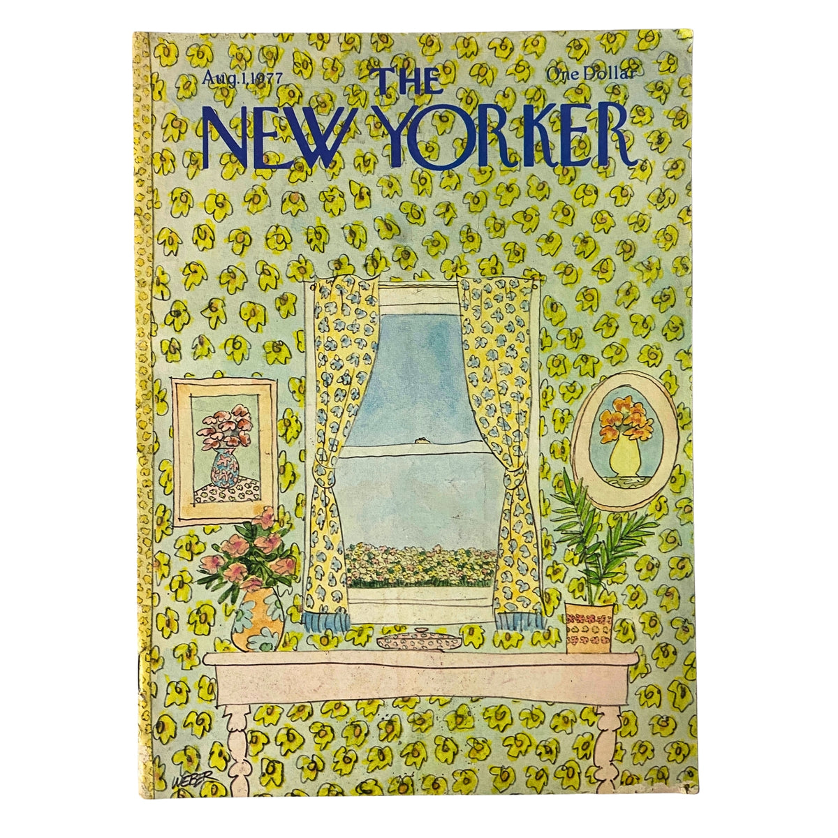 The New Yorker Full Magazine August 1, 1977 cover illustration by Robert Weber featuring a colorful and whimsical design with a window view and floral patterns.