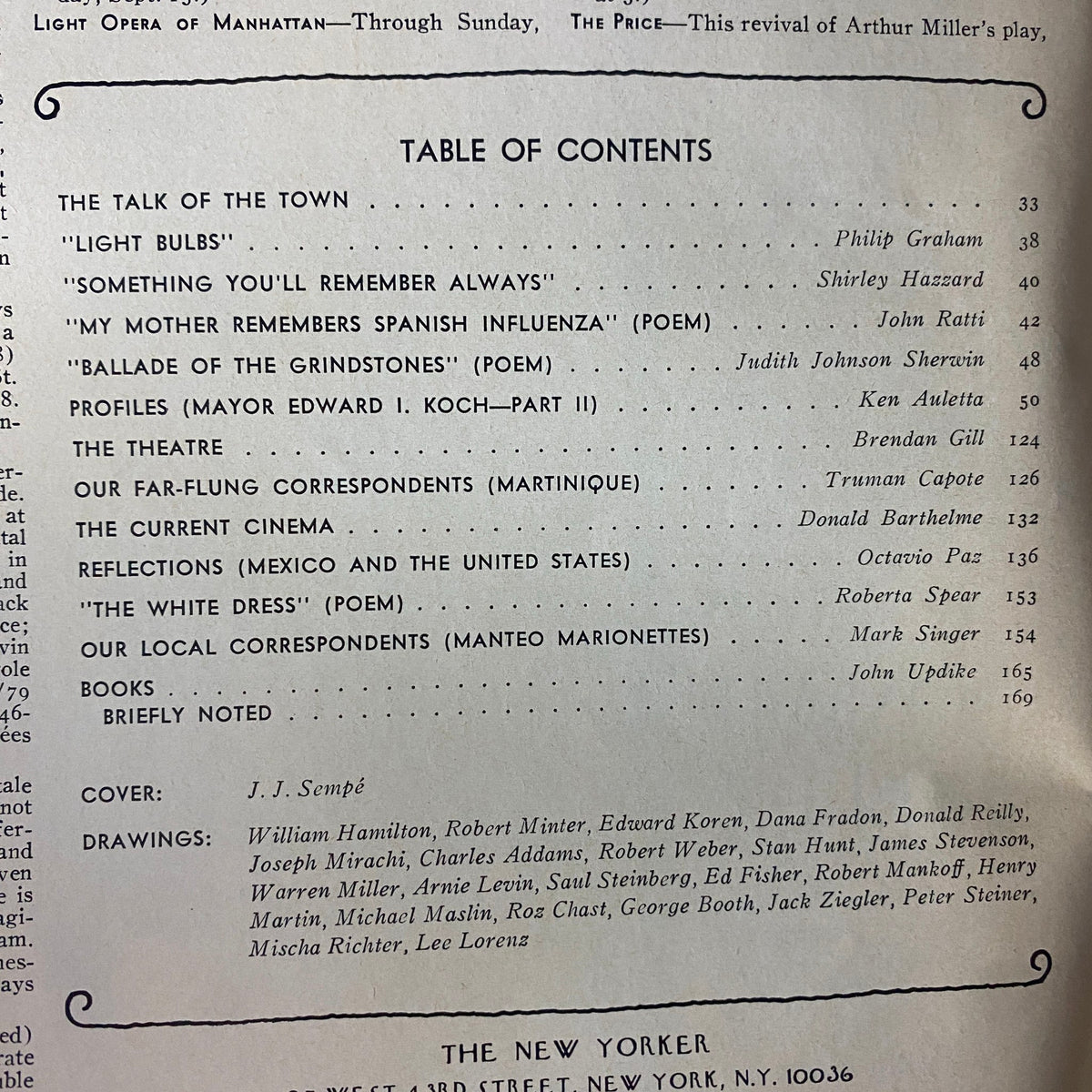 Table of contents from The New Yorker magazine, September 17, 1979, featuring articles such as 'Light Bulbs' by Philip Graham and 'Something You'll Remember Always' by Shirley Hazzard. This vintage magazine showcases the intellectual spirit of the late 1970s, highlighted by the cover illustration by Jean-Jacques Sempé.