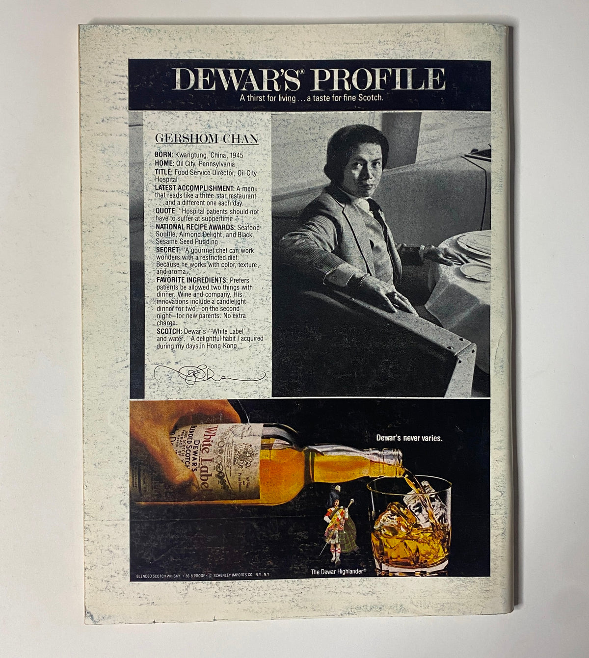 Advertising feature for Dewar's Scotch from The New Yorker magazine, September 17, 1979. It includes a profile of Gershom Chan, with a stylish visual of a whiskey glass and bottle, emphasizing luxury and fine living. The magazine's iconic cover is illustrated by Jean-Jacques Sempé.